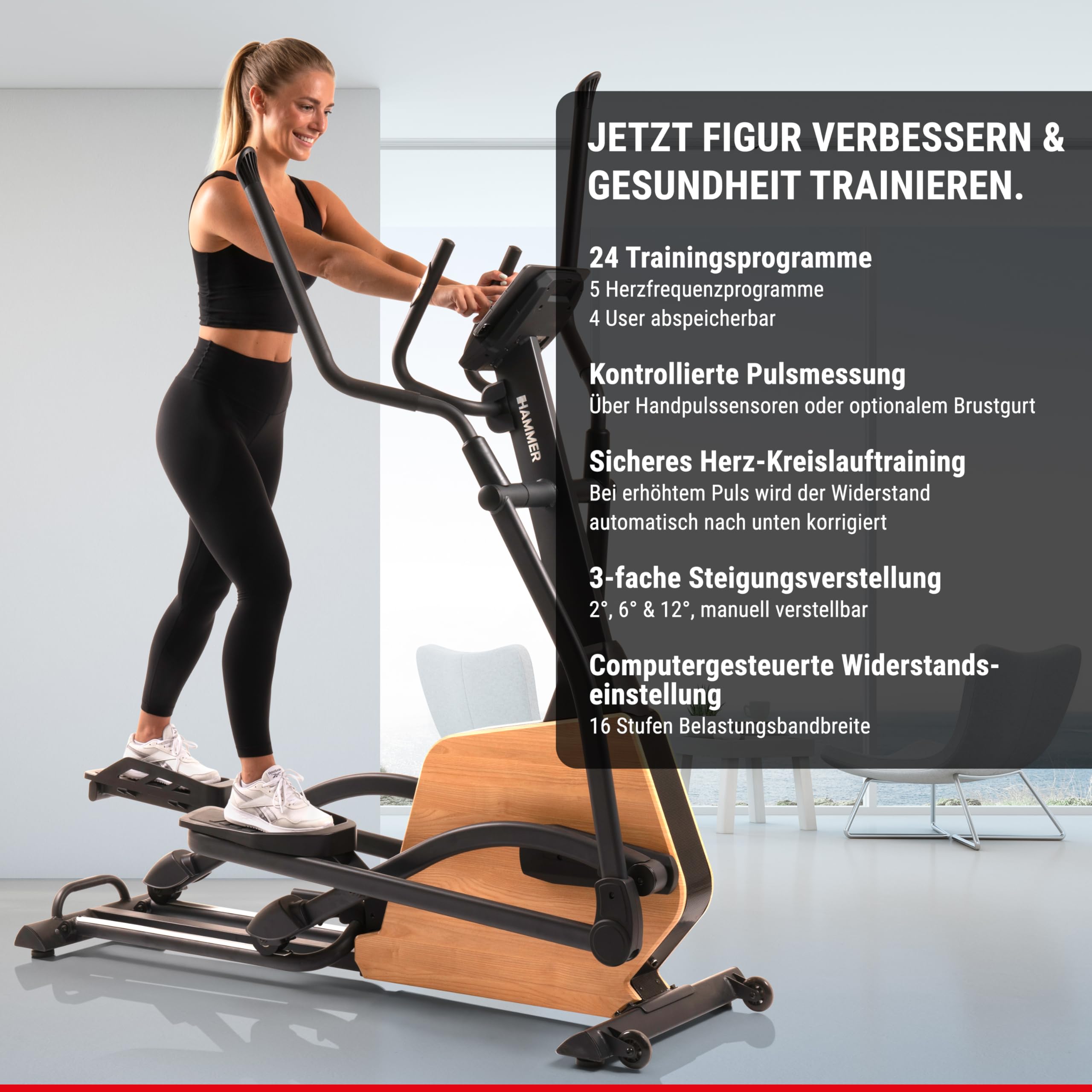 HAMMER Ellipsentrainer CrossPace 5.0 NorsK, 3-fache Steigung, 24 Programme, 20 kg Schwungmasse, Kinomap & Zwift