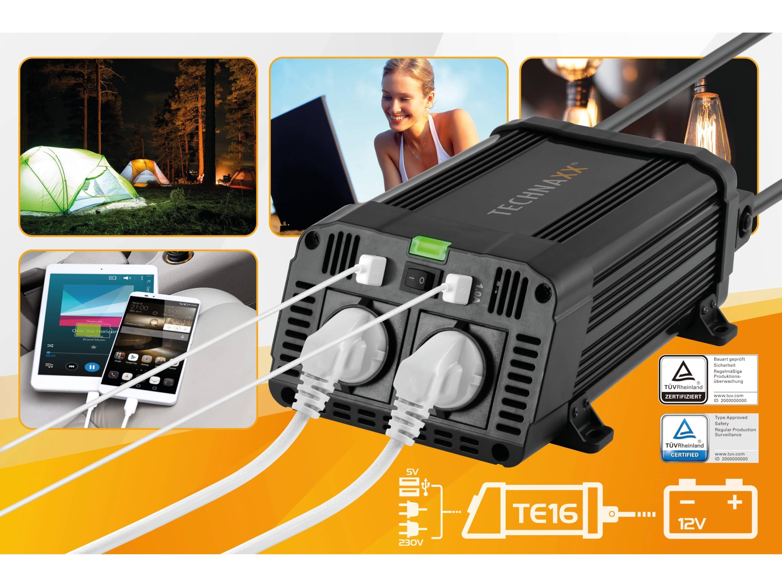 Technaxx Falownik samochodowy 12 V na 230 V – certyfikowany przez TÜV Rheinland inwerter samochodowy z 2 wtyczkami Schuko i 2 x portem USB – Power 1200 W / 2400 W (końcówka) – przetwornica napięcia