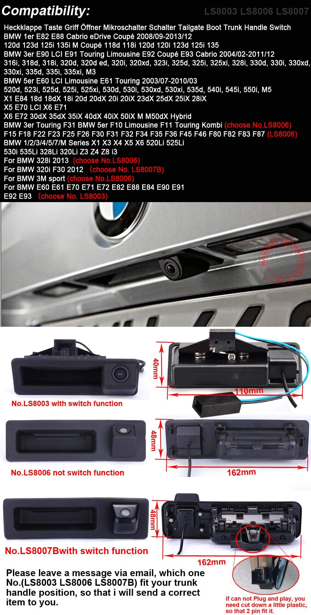 HD Parkeerhulp, kofferbakgreep, achteruitrijcamera met microschakelaar, vervanging voor BMW 1/2/3/4/5/7/M Series X1 X3 X4 X5 X6 520Li 525Li 320Li Z3 Z4 Z8 i3/E60 E61 E70 E71 E72 E82 E88 E84 E90 E91