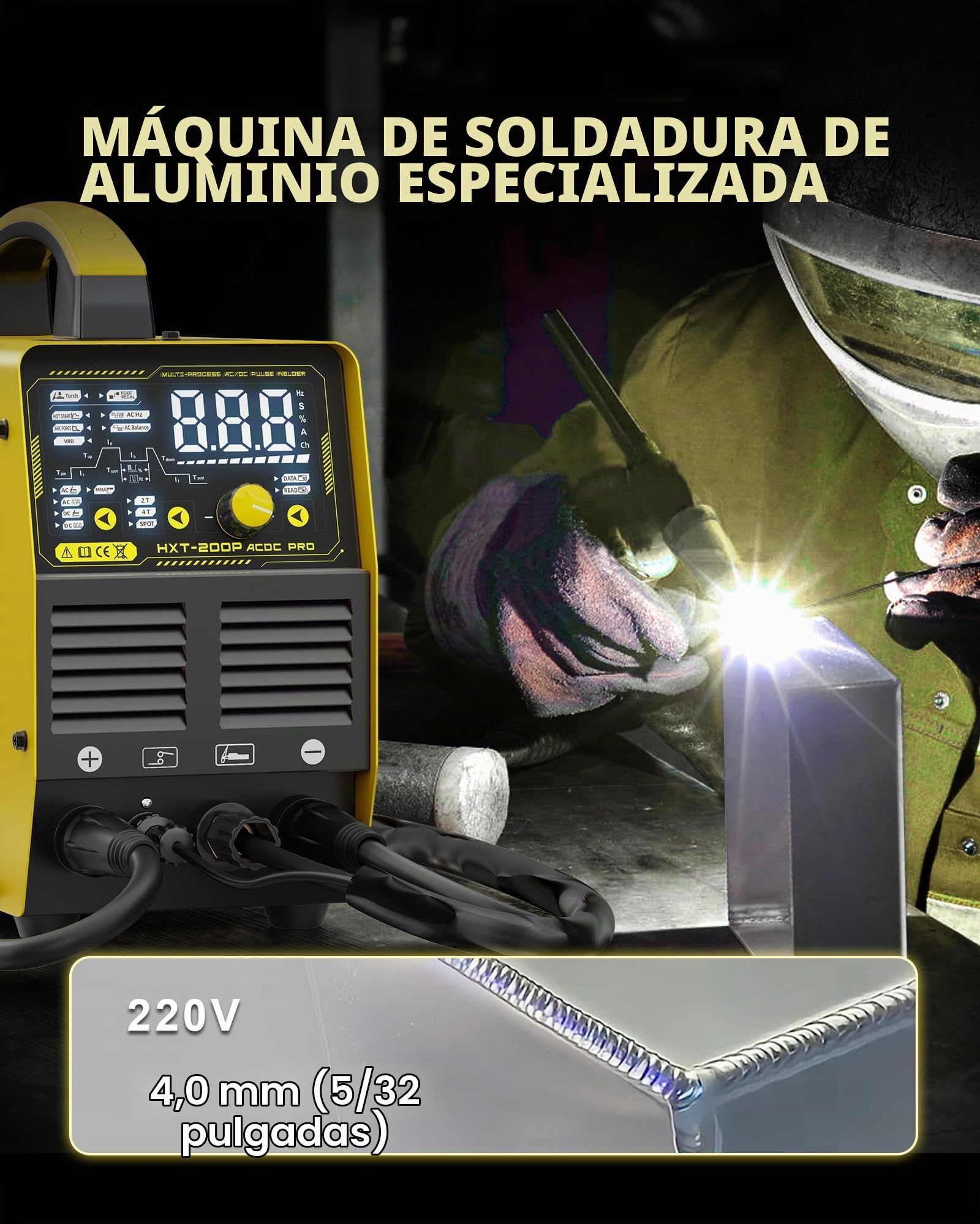 Haxiaoer TIG - Soldadora AC DC 200 A, 7 en 1 multifunción AC TIG/DC WIG/MMAE hand/argón/soldadura por puntos, pantalla LED digital con accesorios para aluminio y acero