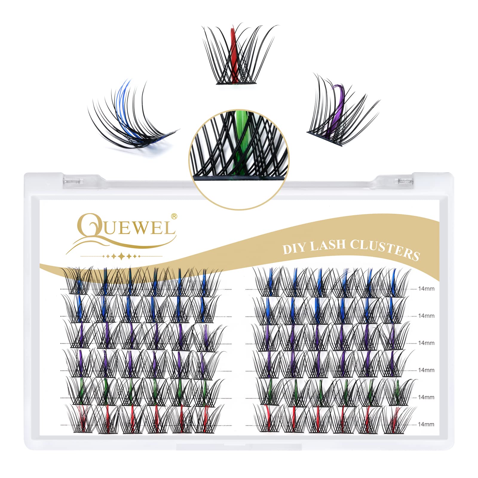 QUEWEL Cluster Lashes 72 Pcs Wide Stem Colored Eyelash Clusters Mixed Colors Lashes Clusters 12mm DIY Lash Extensions Soft for Personal Makeup Use at Home(FD-QURRG-CS-01-12）