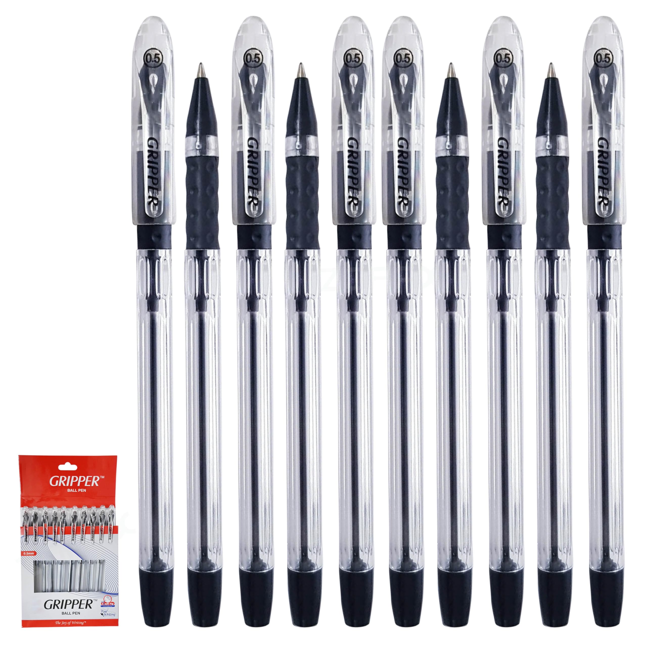 Gripper Ballpoint Pens, BLACK, Fine Point (0.5mm), Pack of 10, Elasto Soft Grip, Smooth Writing, Perfect for School Office Home Use, iZOFAX Black Ball Pen