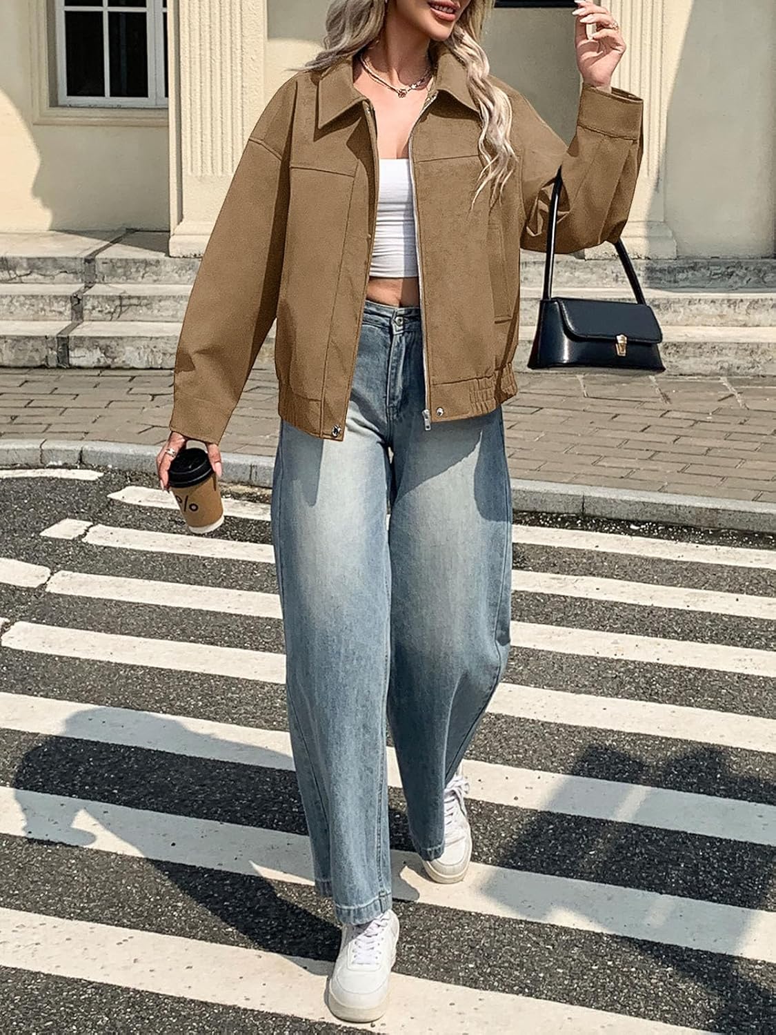 Tankaneo Women's Faux Suede Motorcycle Jackets Oversized Zip Up Bomber Coats Fall Fashion Winter Outerwear - Image 5