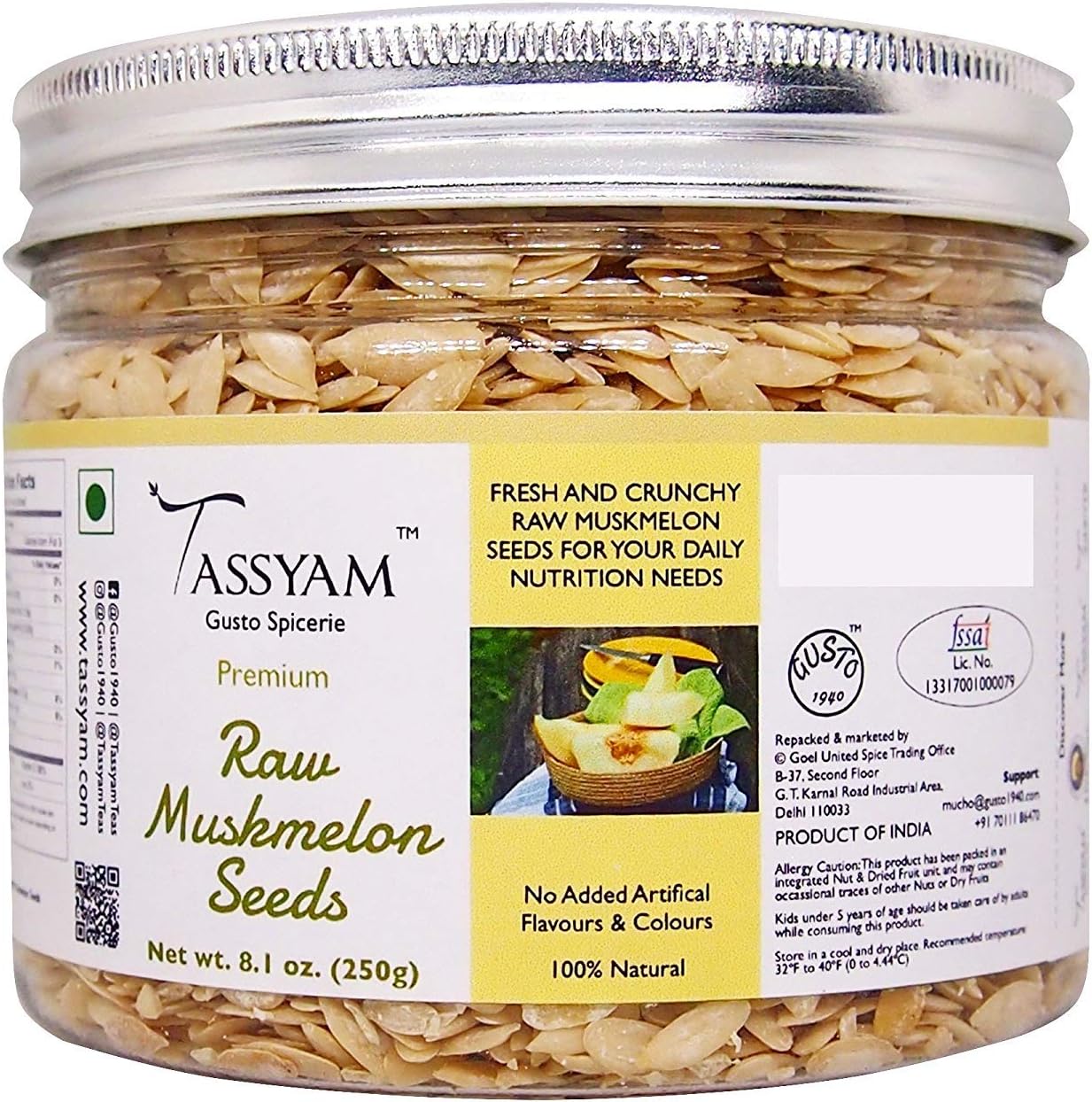 Raw Muskmelon Seeds 250gms (8.8 oz) Jar by Tassyam