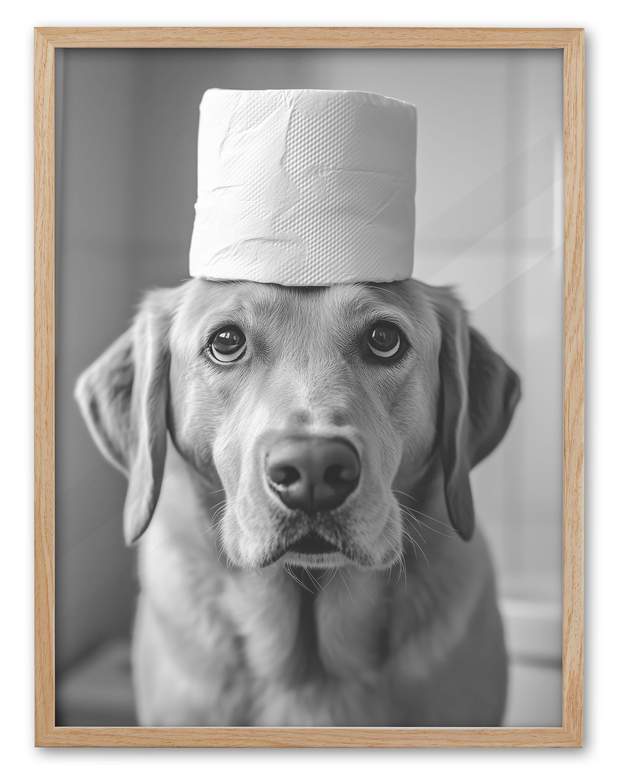 UPWOIGH Funny Labrador Retriever Dog Oak Framed Canvas Wall Art, 12x16in Black and White Bathroom Humor Print, Modern Minimalist Poster Wall Decor for Restroom or Washroom, 1Pack Gift Idea โ image 1