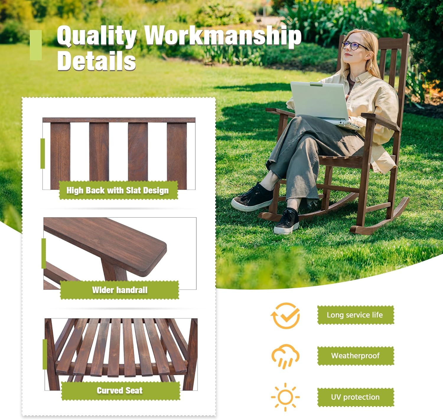 Greesum 2 Piece Acacia Rocking Chairs,Outdoor Bistro Furniture Set Pure Wood Framed for Porch, Lawn Garden, Deck,Brown