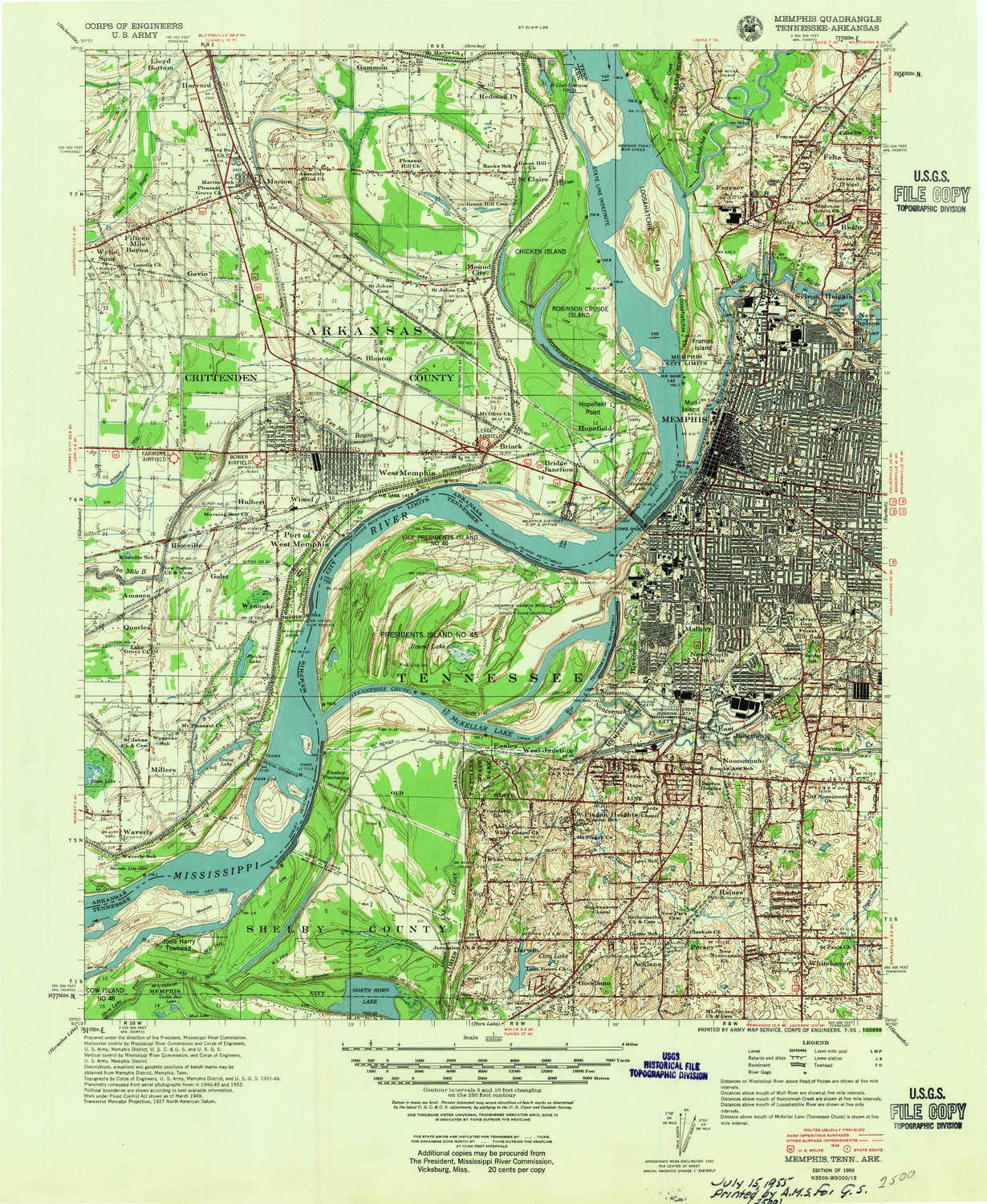 YellowMaps Memphis TN topo map, 1:62500 Scale, 15 X 15 Minute, Historical, 1955, Updated 1955, 21.9 x 18 in