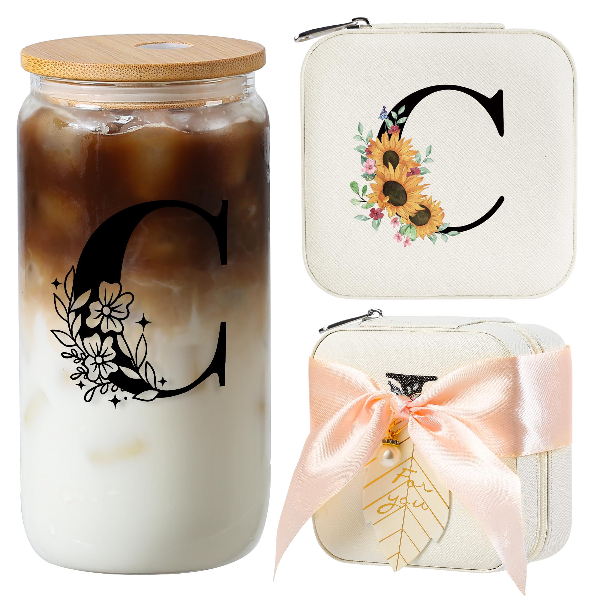 AYGXU Bridesmaid Gifts for Wedding Day,Bridesmaid Proposal Gifts,galentines day gifts,Drinking glass with Bamboo Lids and Straw,Jewelry Organizer,Travel Essentials Small Jewelry Box,Initial C white