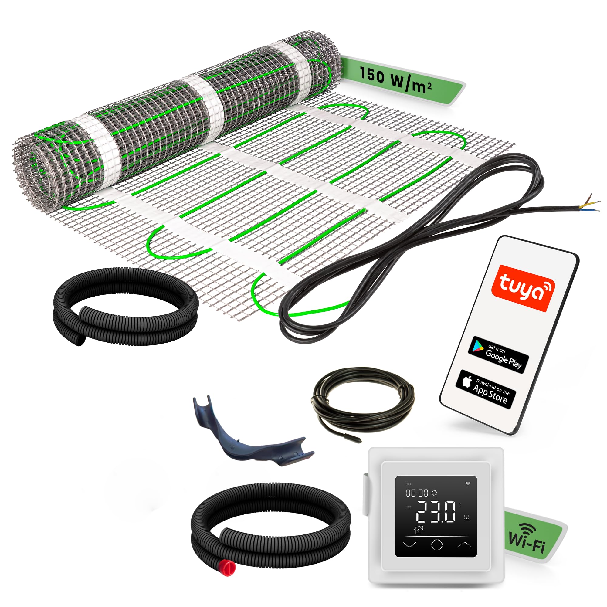 EcoPRO Heizmatten Set | 150 W/m² | 20 m² | Elektrische Fußbodenheizung - für Fliesen, Naturstein, Teppich, Vinyl und Laminat, inkl. Installationsmaterial, mit WLAN Touchthermostat (Weiß)