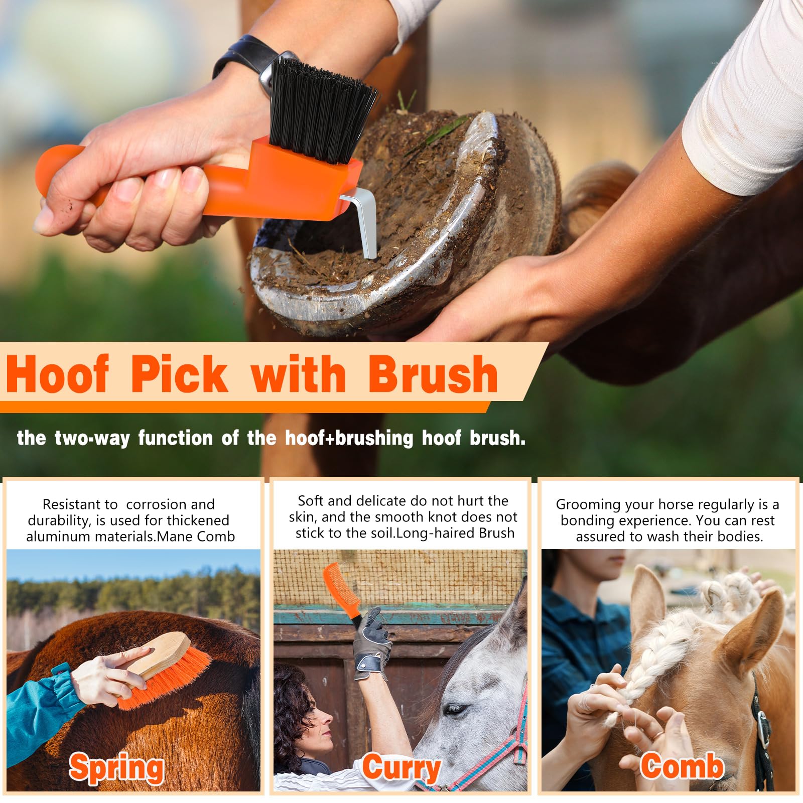 Abbylike 12 Pieces Horse Grooming Kit Racing Festival Tack Room Supplies Horse Brush Sets Equine Care Cleaning Kit Shedding Grooming Massaging Tools(Orange) 4