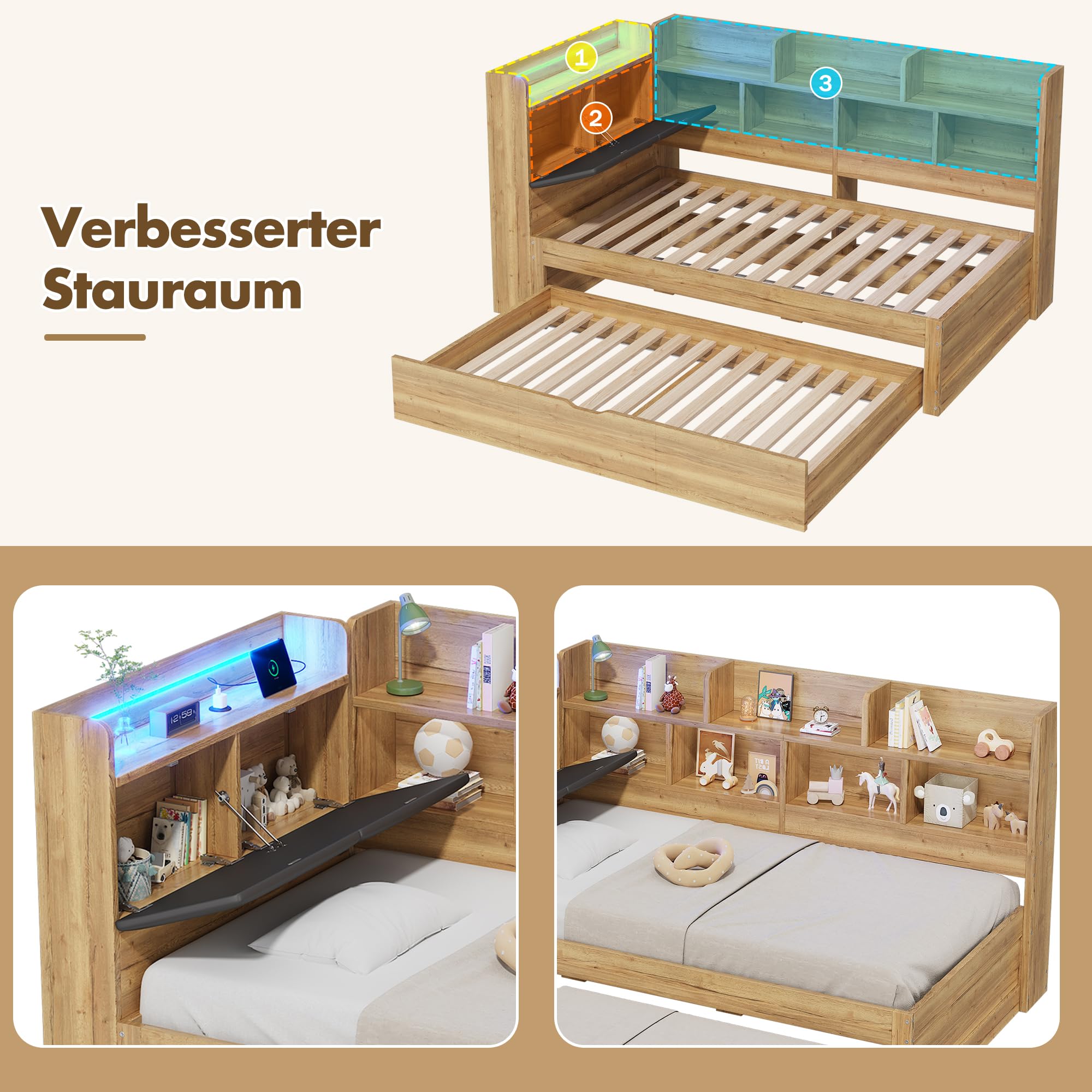 Cama infantil de día de 90 x 200 cm con cama nido de 90 x 190 cm, cama de día de madera con espacio de almacenamiento, compartimentos, diseño funcional, cama juvenil para habitación infantil