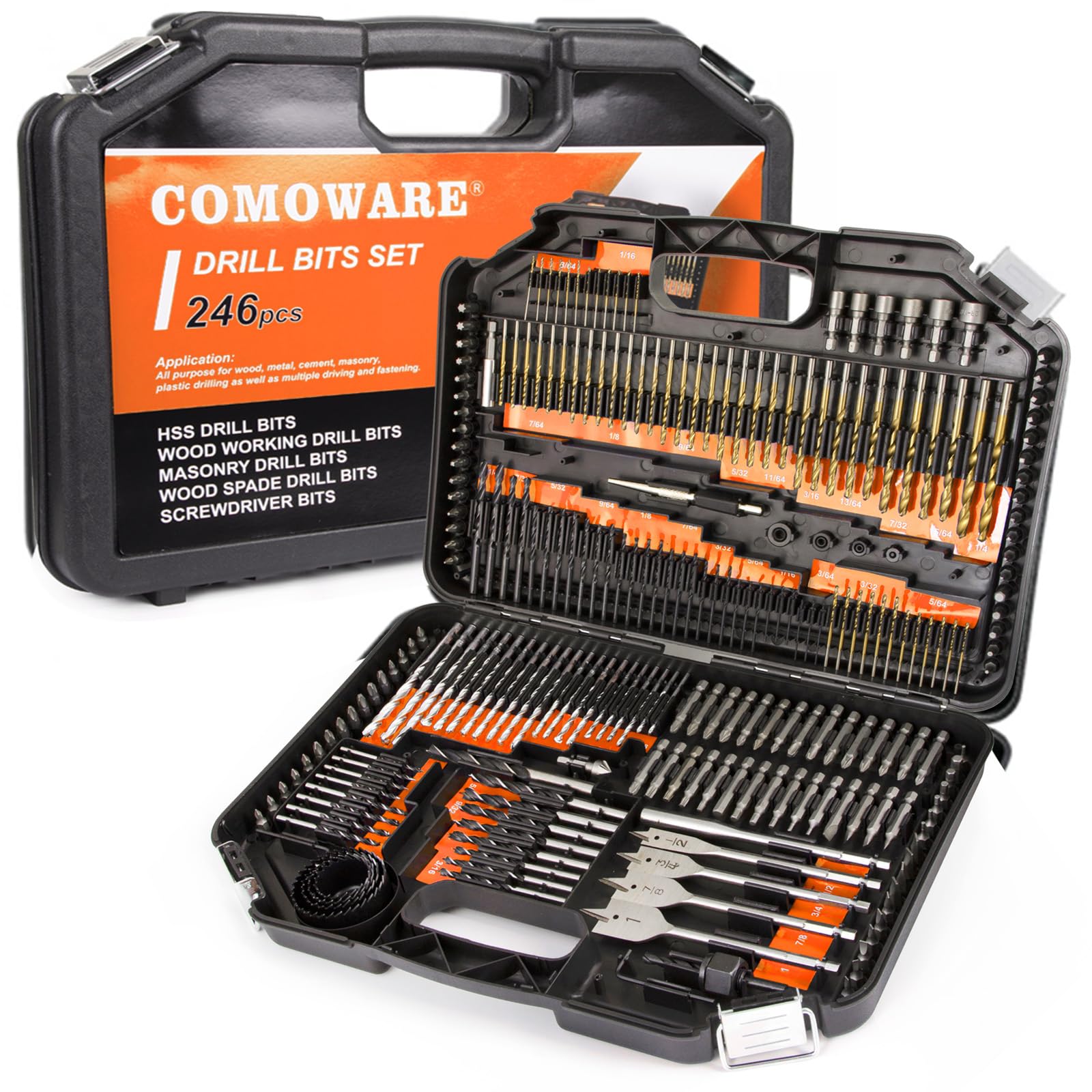 COMOWARE Bohrer-Set, 246-teilig, Schraubendreher-Bits für Akku-Bohrer, Schraubendreher-Bohrer-Set, Kombi-Kit für Holz, Metall, Mauerwerk, Zement, orangefarbener Koffer