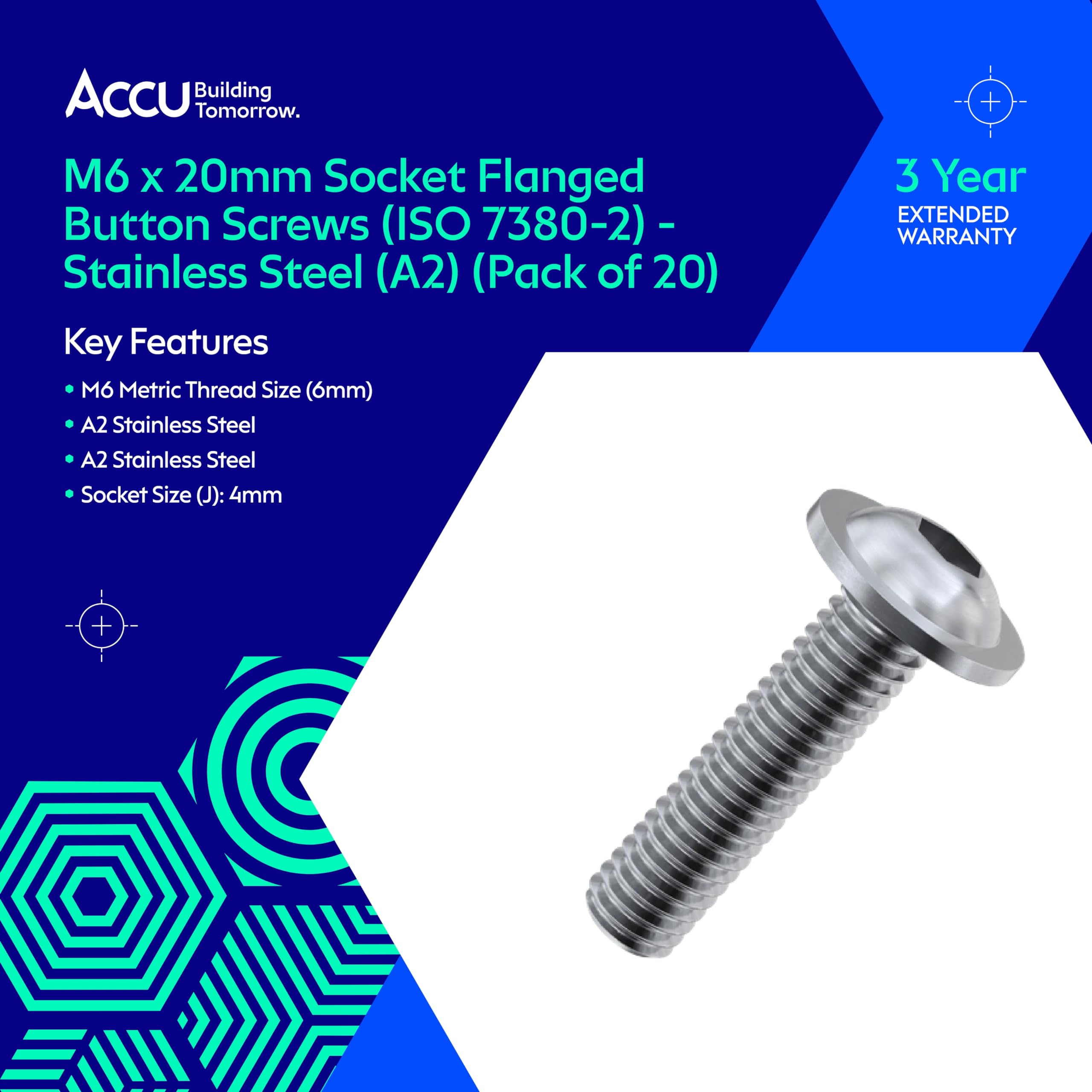 Accu - M6 x 20mm Socket Flanged Button Screws (ISO 7380-2) - Stainless Steel (A2) (Pack of 20) - Image 2