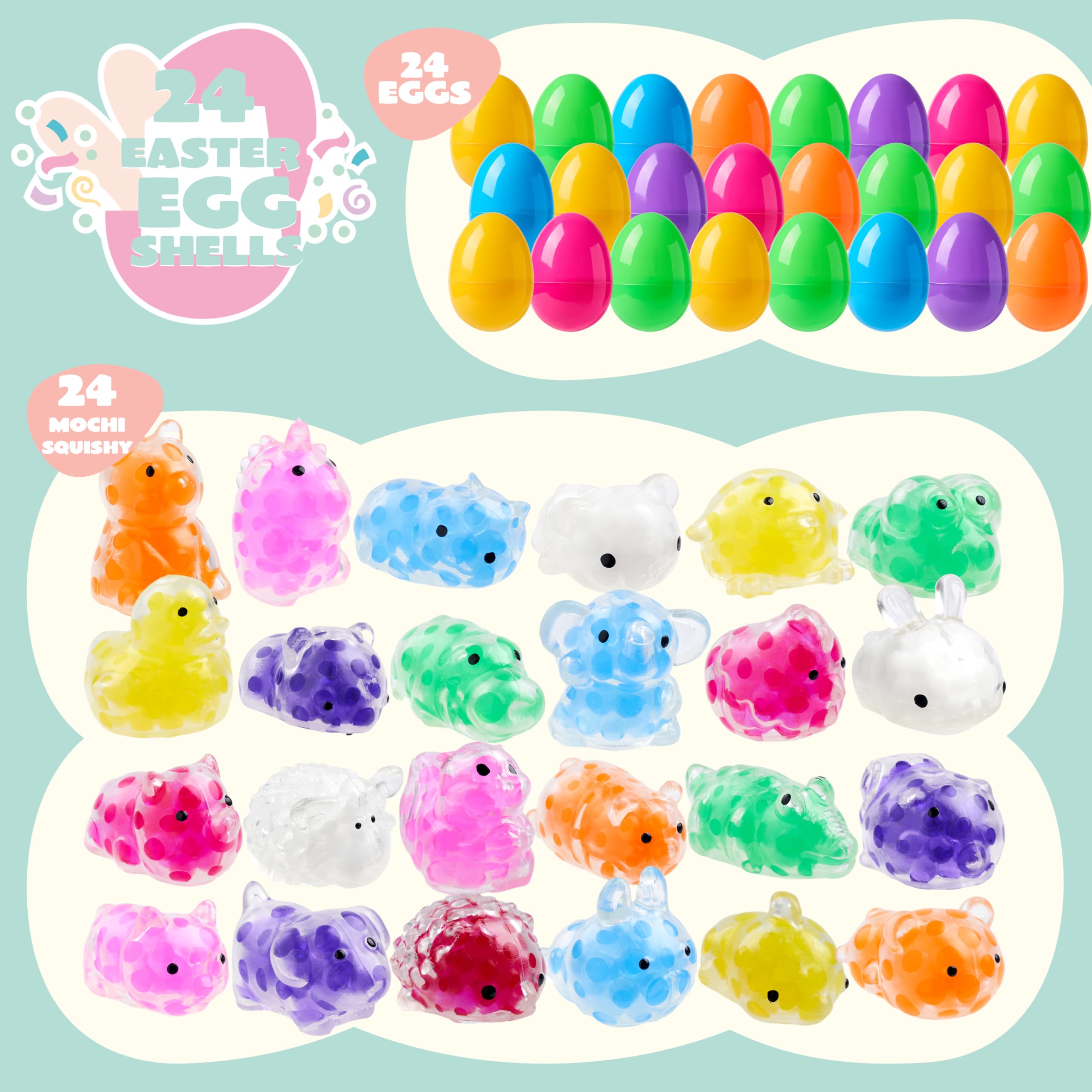 JOYIN Lot de 24 œufs de Pâques pré-remplis avec jouets à écraser mochi pour la chasse aux œufs de Pâques, remplissage de panier, cadeau de fête, soulagement du stress, prix pour la salle de classe