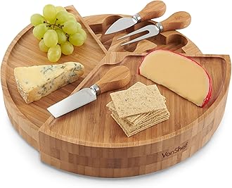 VonShef Bamboo Cheese Board, Circular Serving Tray with Stainless Steel Knife Set, Easy Clean Charcuterie Serving Board with Swivelling Knife Drawer & Gift Box