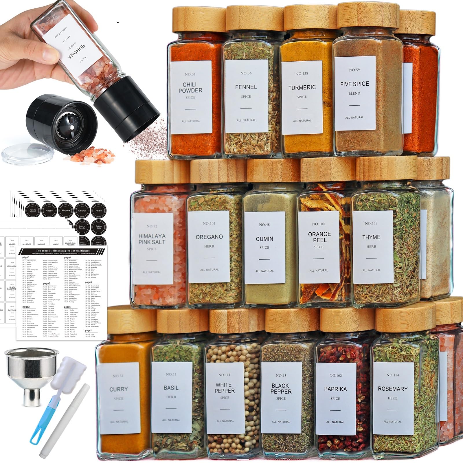 AOOEVAL 24-Piece Spice Jar Set with Bamboo Lids and Grinder