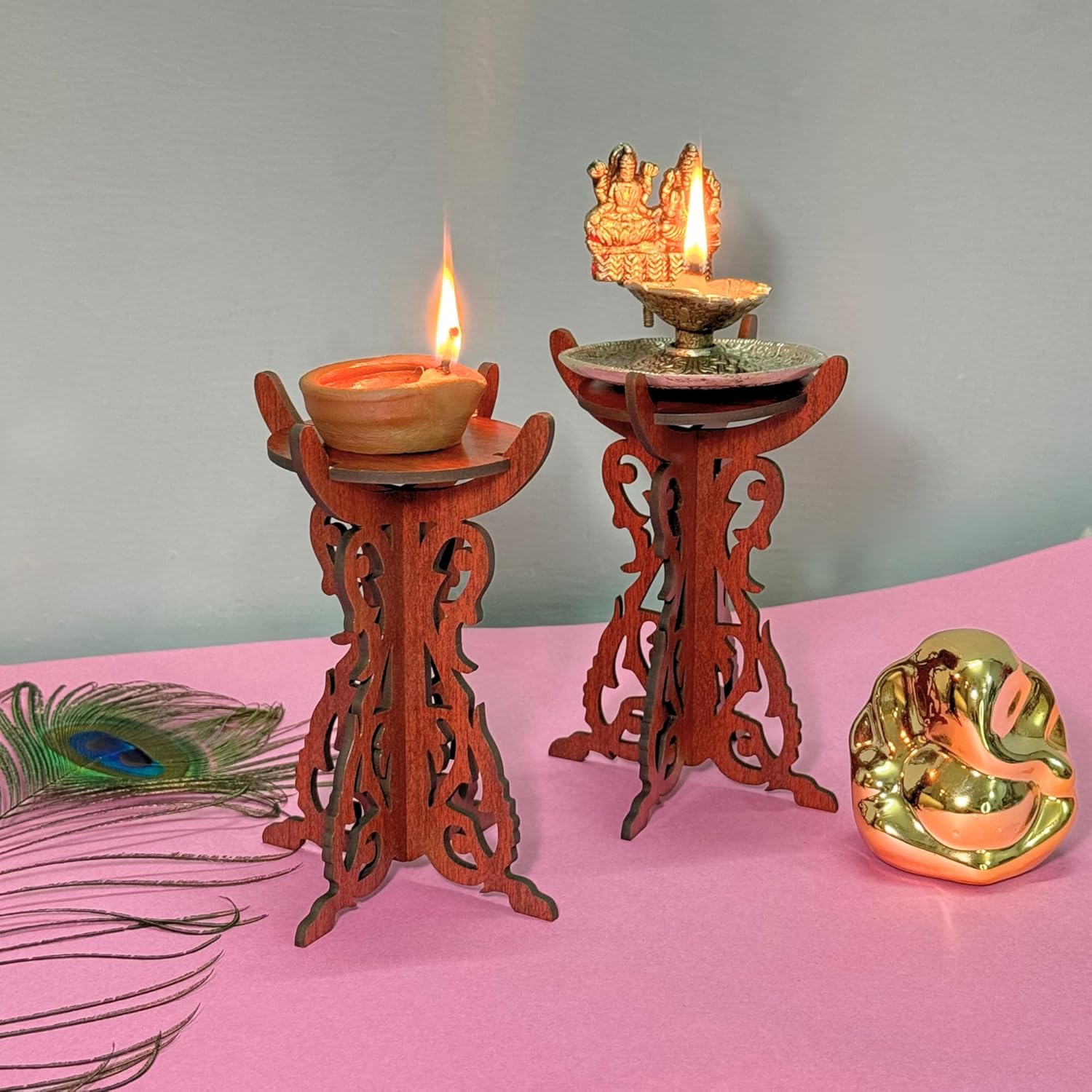 VDOHONEST Wooden Pooja Diya Stand, Home Temple Decor, Diya Wooden Stand,Mandir Diya