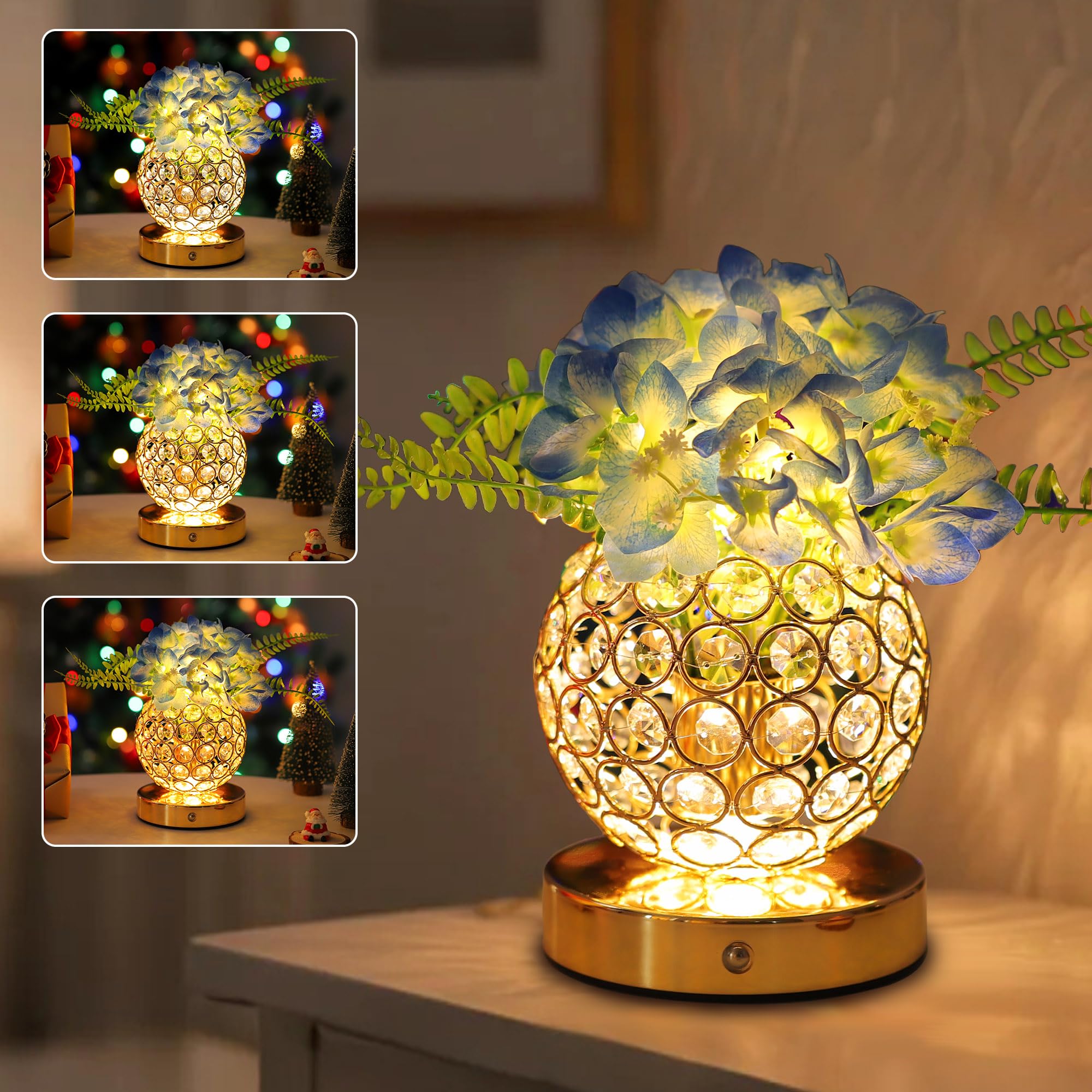 Blue Artificial Hydrangea Flower Lamp, 3 Color Dimmable Touch Control Night Light, Christmas Birthday Gifts for Women, Artificial Hydrangea Flower Table Lamp Decor for Bedroom Bar Coffee Shop Wedding