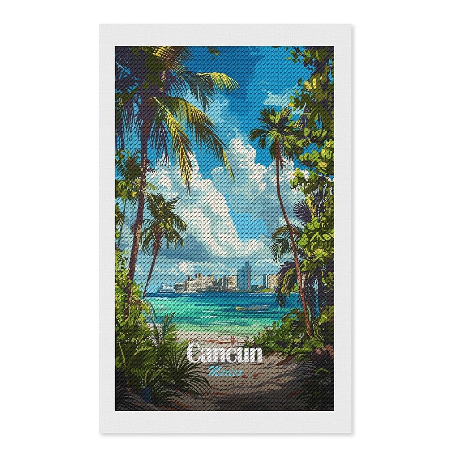 Junmoney Cancun Mexico Tropical Beach Illustration Diamond Art Canvas 12"x20", for Teens, Nice Detail and Sparkle, Farmhouse Decor, Festive Craft Gift, Easy to Enjoy
