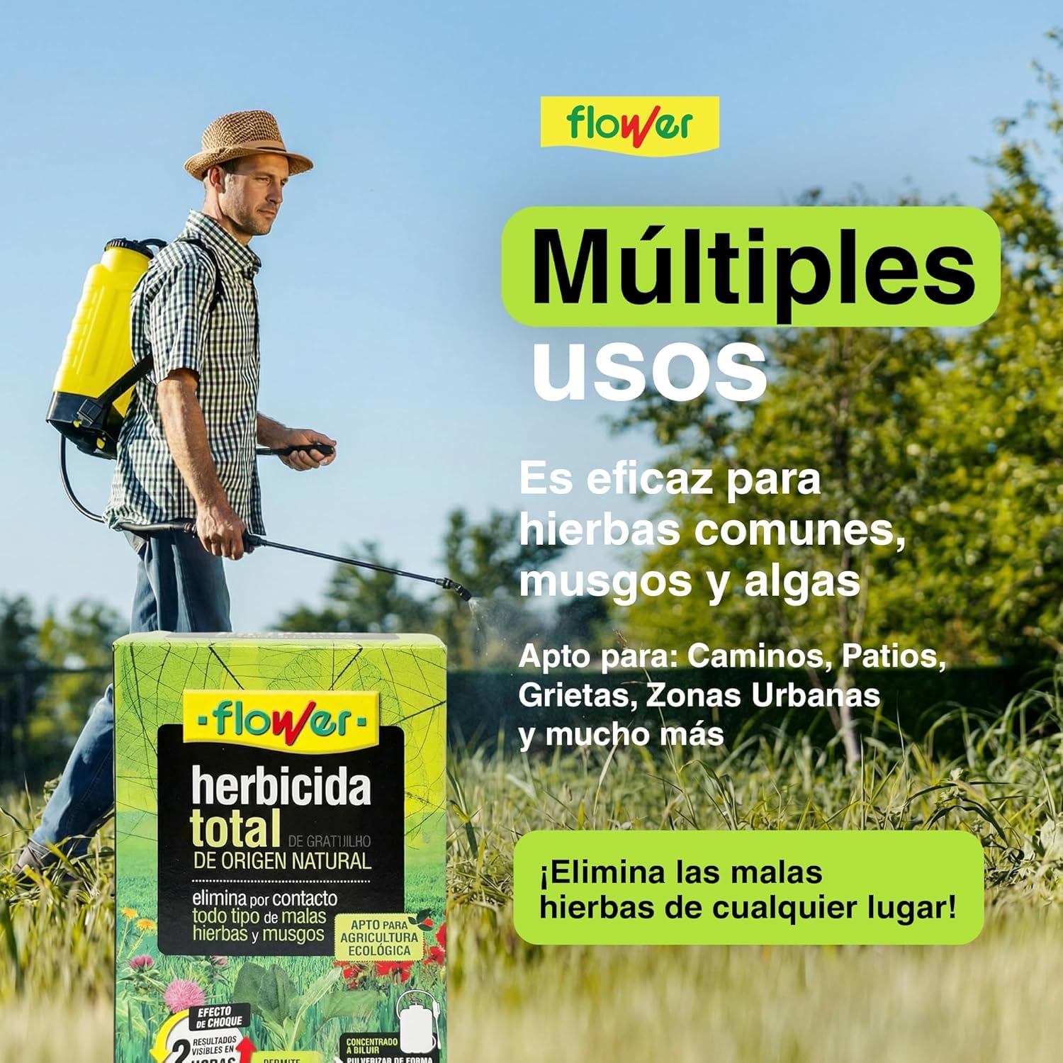 FLOWER x2 Herbicida Total Ecológico de Origen Natural para 300 m² | Elimina Malas Hierbas y Musgo de Acción Rápida | Alternativa Glifosato Súper Concentrado 500 ml para 10L | Resultados en 2H (2 UDS)