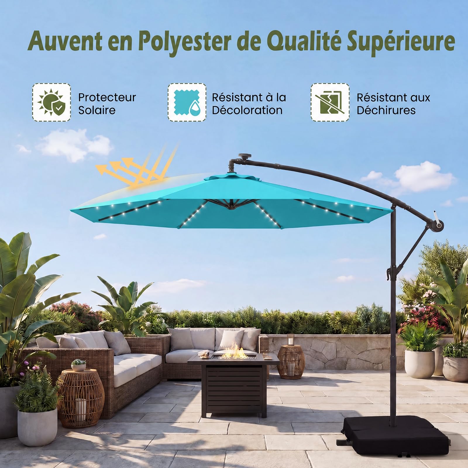 RELAX4LIFE Parasol Déporté 3x3M LED Solaire Inclinable (bleu turquoise)