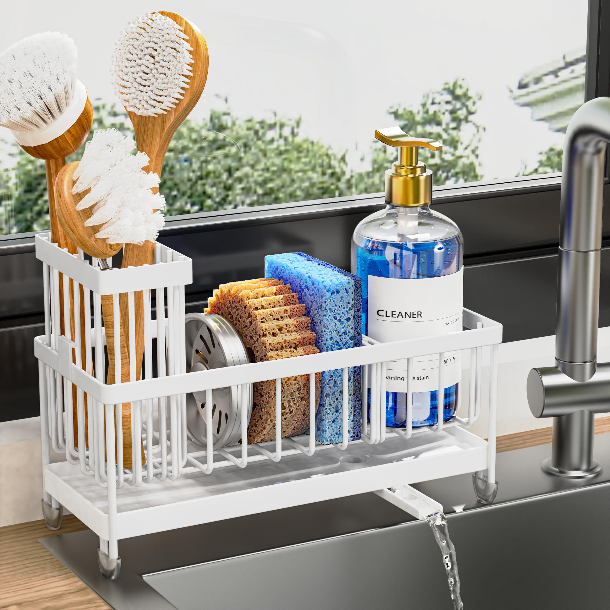 Cisily Sponge Holder for Kitchen Sink, Sink Caddy Organizer with High Brush Holder, Kitchen Countertop Organizers and Storage Essentials, Rustproof 304 Stainless Steel (Cool White, Large)