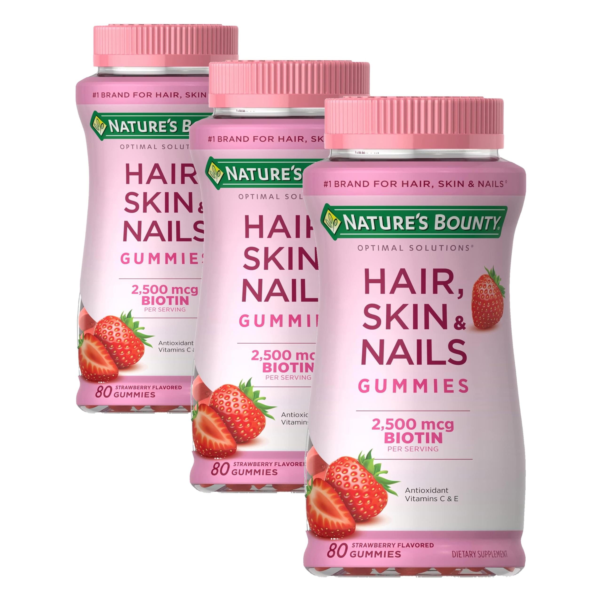 Nature's Bounty Optimal Solutions Hair,Skin & Nails Vitamin Gummies with Biotin,2500 mcg,Strawberry,80 Count (Pack of 3) Strawberry 80 Count (Pack of 3)