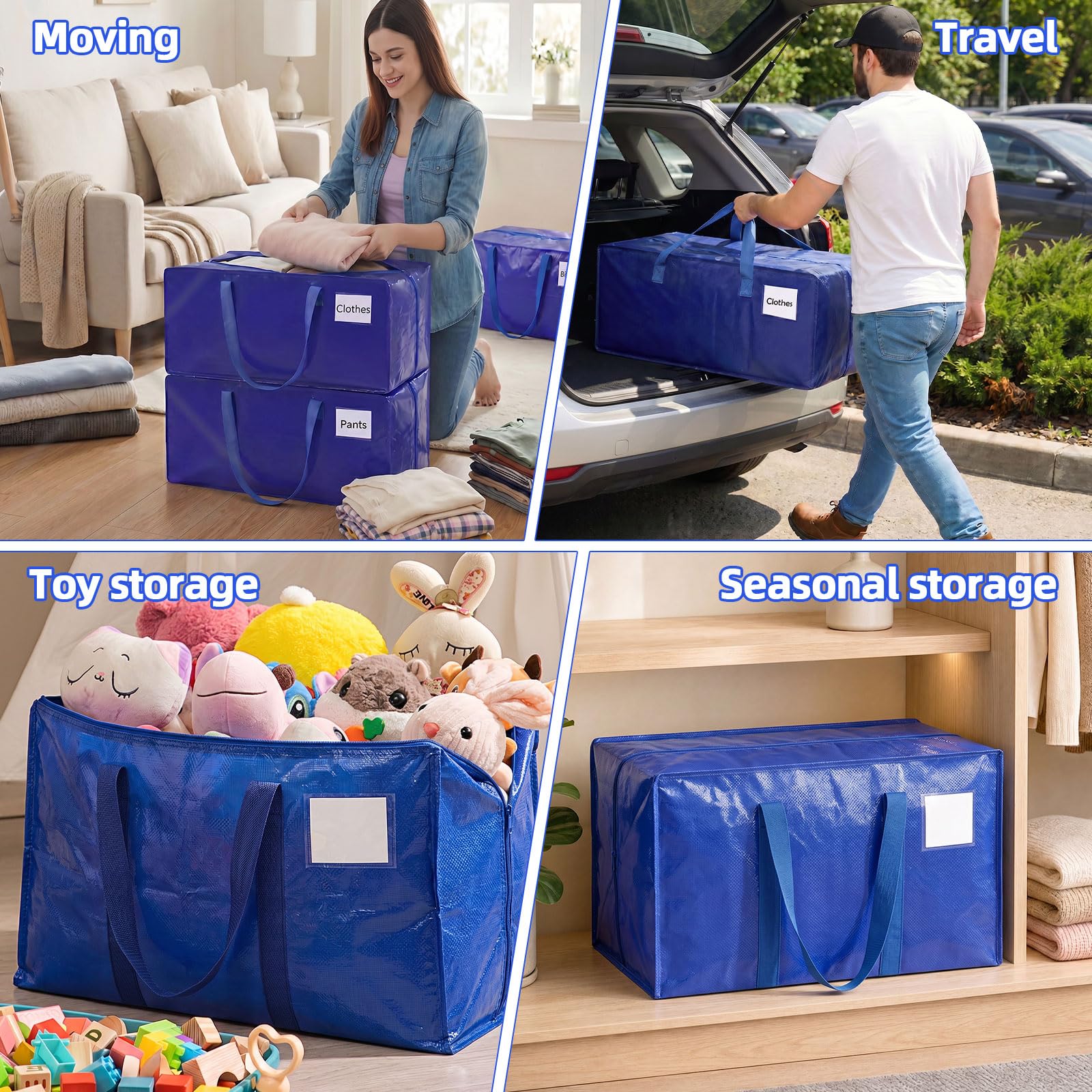 Pack de 6 Bolsas de Mudanz, 94L Grande Bolsa de Almacenamiento | Impermeable Bolsas de Mudanza con Cremallera y Asa, Organizador de Ropa, Bolsa Extra Grande para Mudanza y Viaje