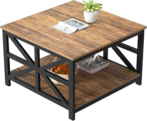 Miniatura 45 de GreenForest Mesa auxiliar con esquina redonda, mesa central de granja con estante de almacenamiento de 2 niveles, diseño de marco en X para sala de