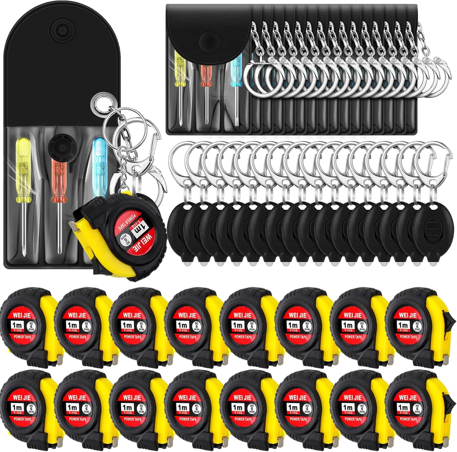 Jutom 48 Pcs Mini Screwdriver Keychain Tape Measure LED Lights Keychain Set Father Day Gifts Bulk for Adult Men (Black)