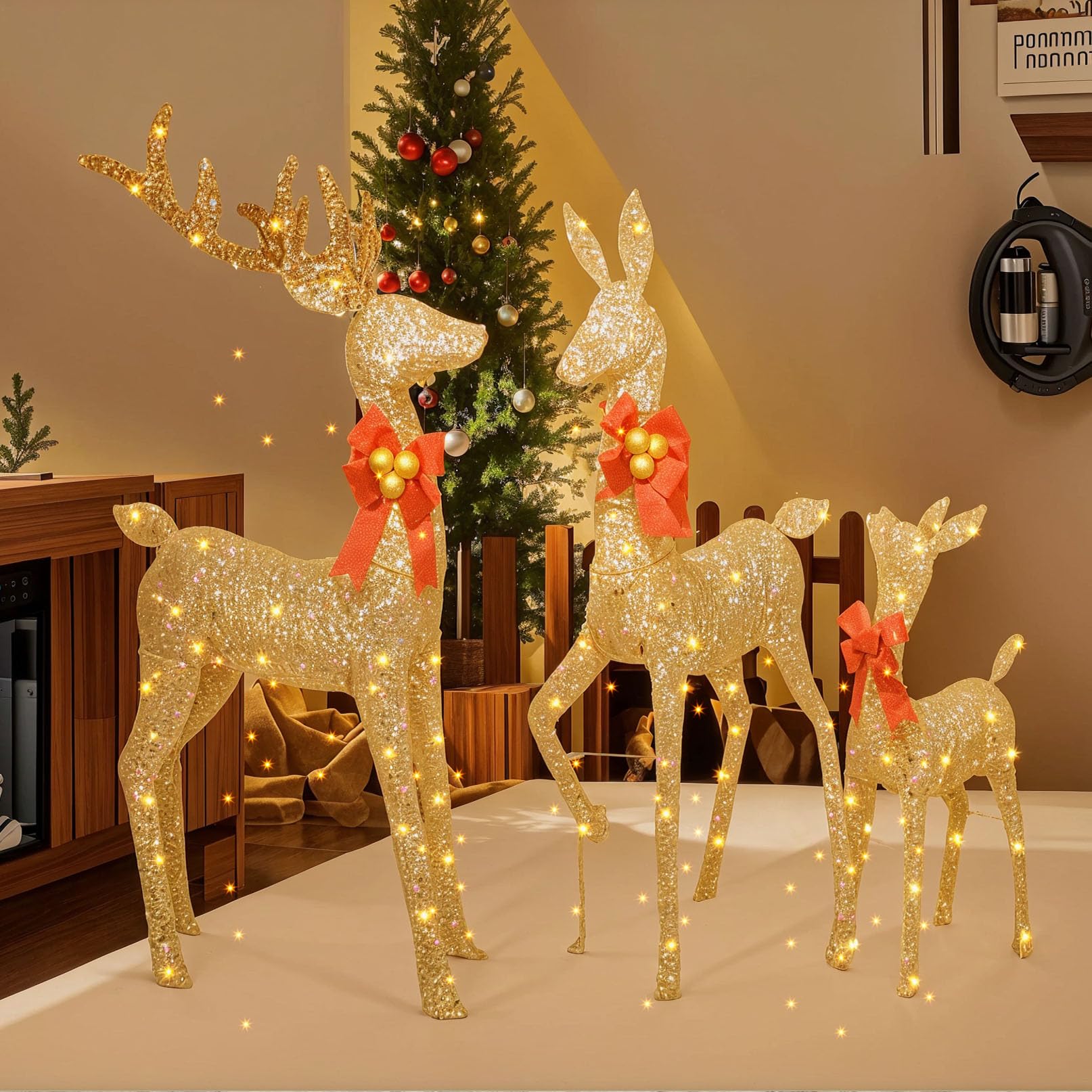Cervi natalizi illuminati per esterni, 3 pezzi, renne illuminate, decorazioni natalizie per esterni, 137 cm, decorazioni natalizie per esterni per la casa, oro, 210 luci a LED