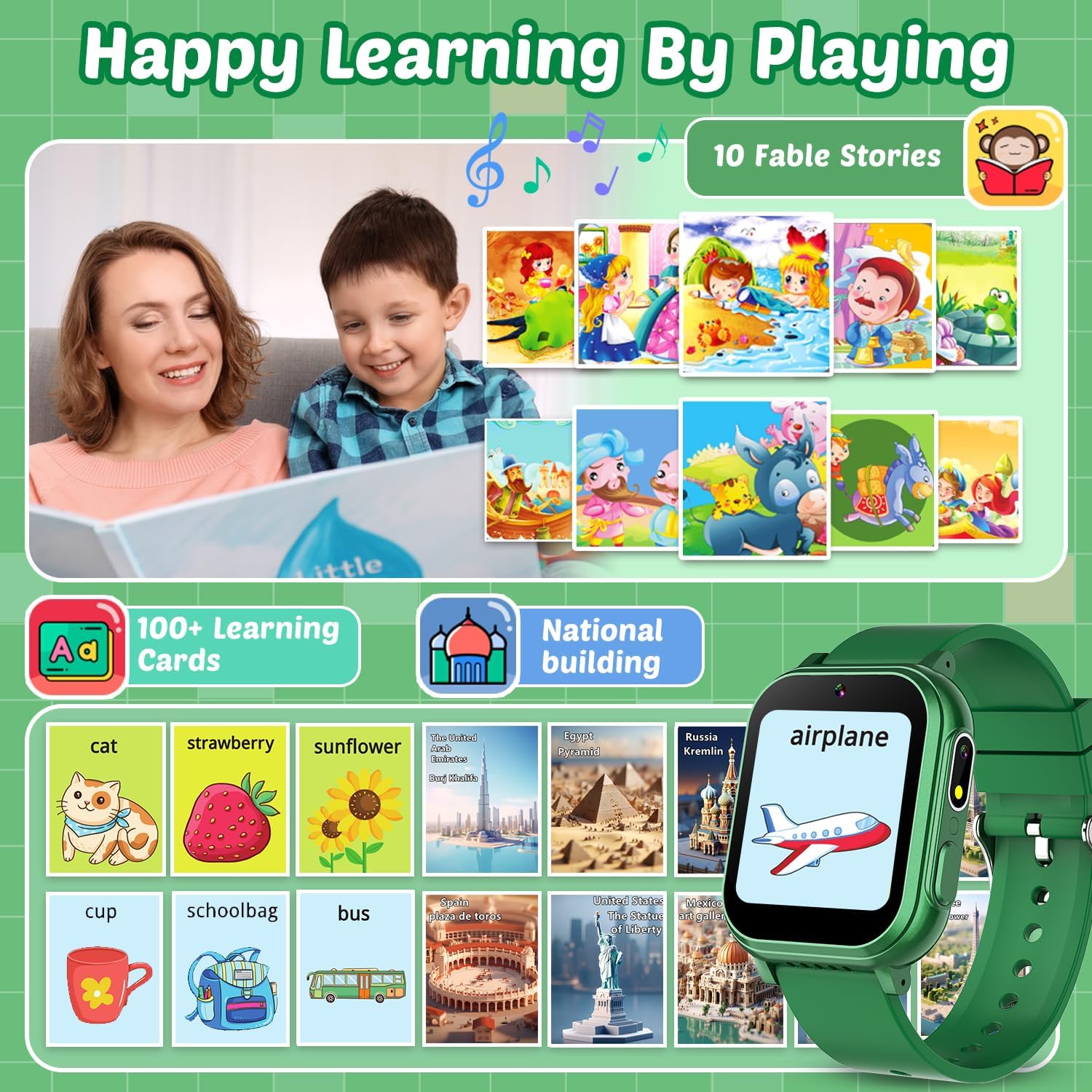 Kids Smart Watch showing 'Happy Learning By Playing' with icons for 10 Fable Stories, 100+ Learning Cards, and National Building, alongside images of children reading and interacting with the watch.