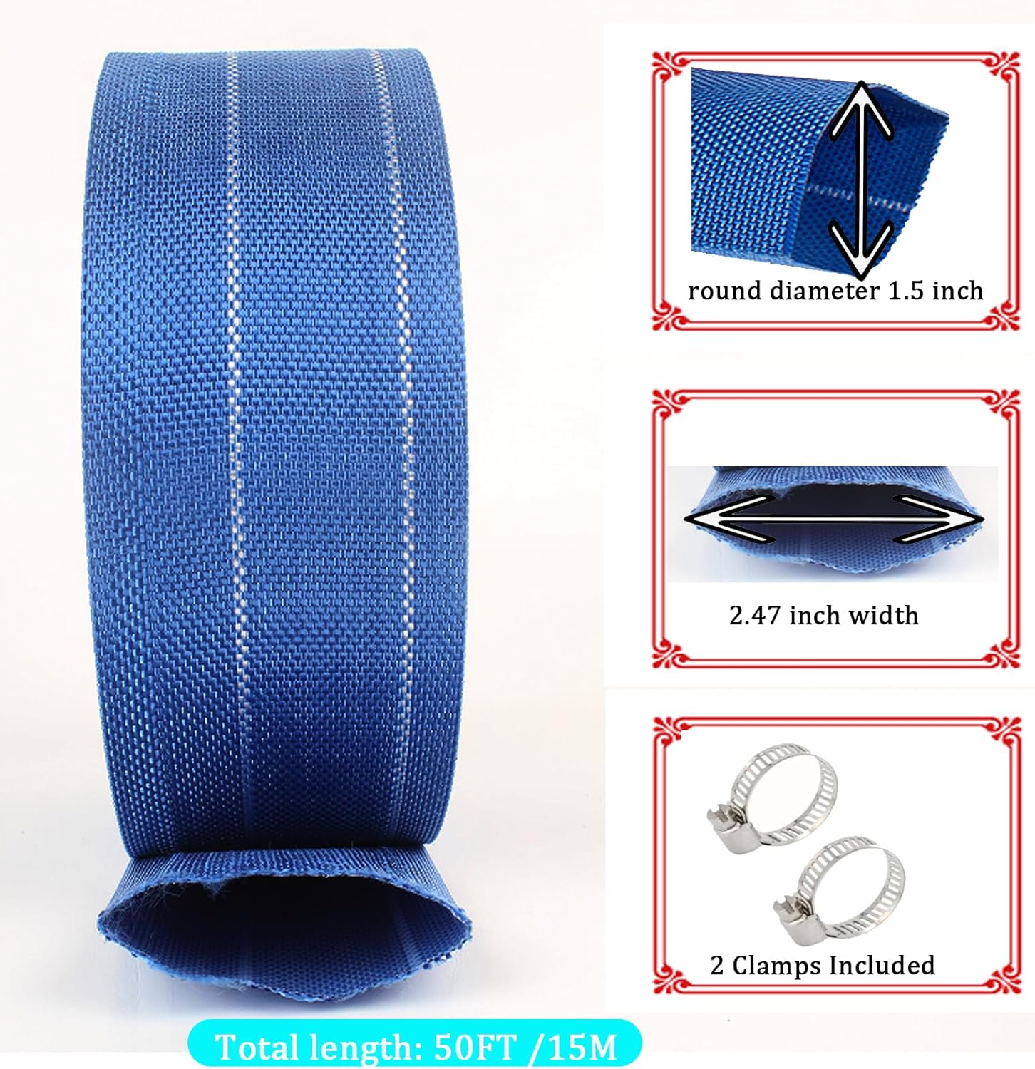 Pool Backwash Hose, Heavy-Duty PVC Hose, Lay Flat Discharge Hose,Flexible Sump Pump Drain Pipe for Swimming Pool Drain, with 2 Clamps (1.5 in x 50 ft)