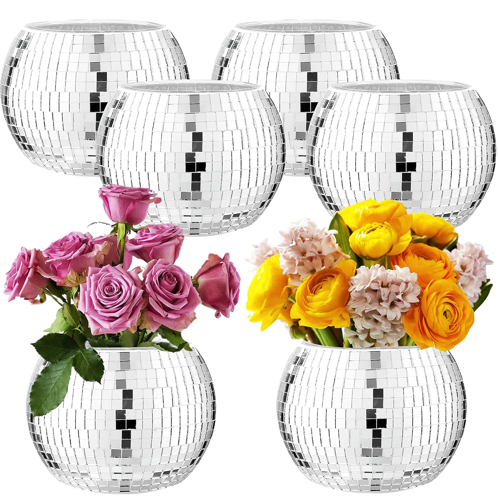 6 Pcs Silver Mirror Disco Vase - 3" X 4" Disco Ball Vase for Centerpieces, Glass Planter Candle Holder for Wedding, Birthday, Party, Office, Bedroom