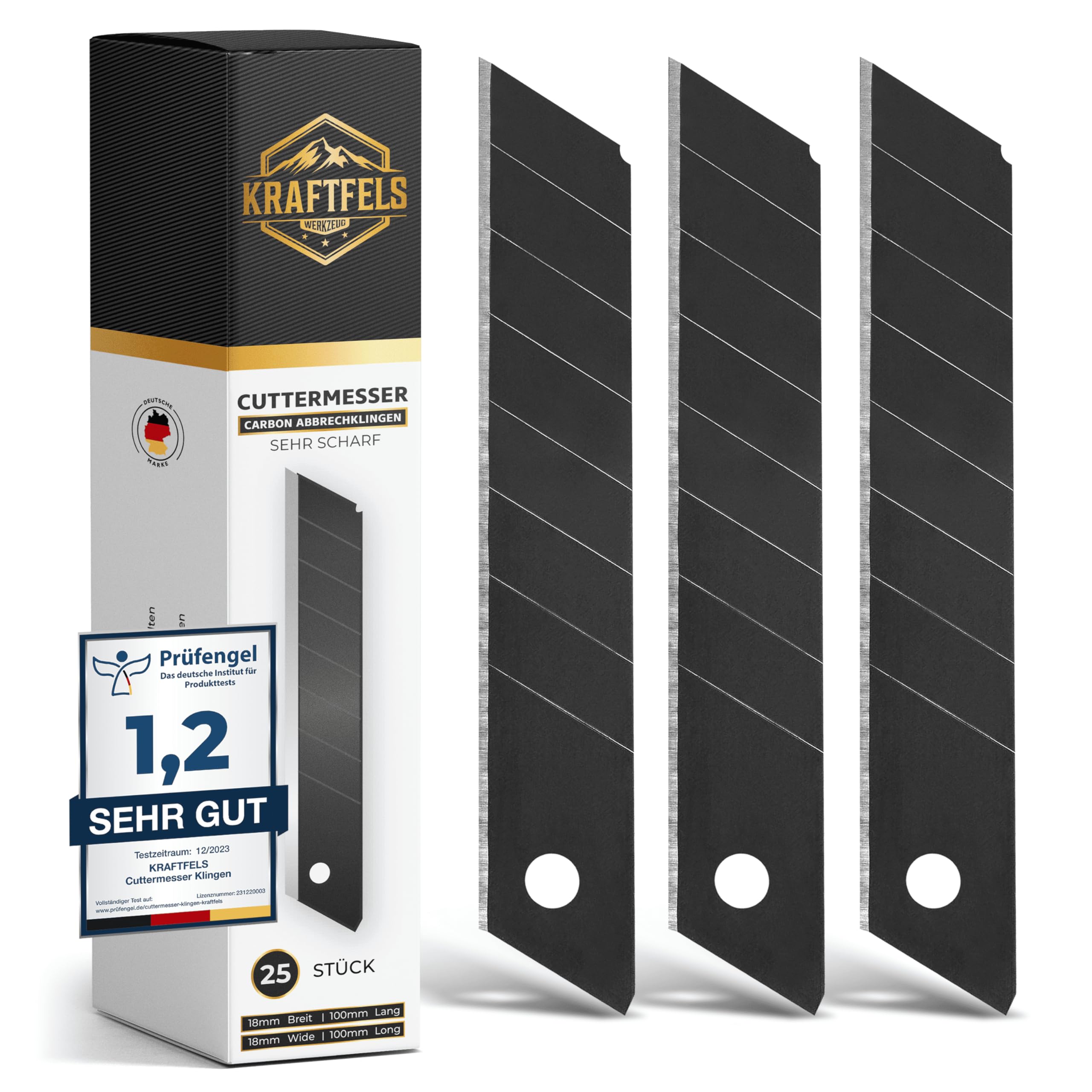 KRAFTFELS 25x Profi Cuttermesser Klingen 18mm - Ersatzklingen Cuttermesser aus hochwertigem Carbonstahl - Klingen Cutter Messer - Gehärtet & ultra scharf - Abbrechklingen für Cutter Messer Schwarz