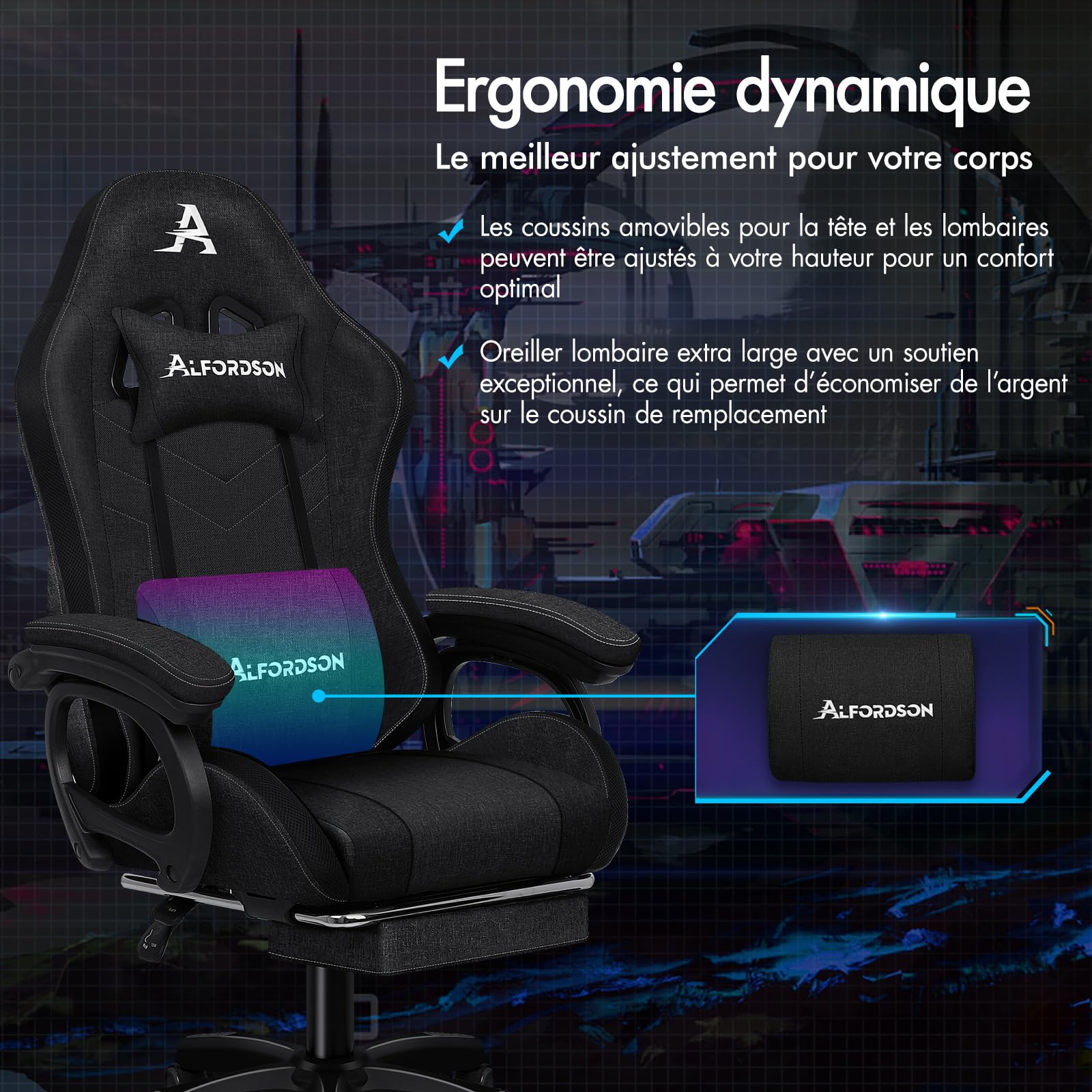 ALFORDSON Chaise de Gaming, Chaise de Joueur de Course avec Éclairage LED RVB, Fauteuil d'ordinateur Massant avec Repose-Pieds, Chaise Pivotante Ergonomique avec Dossier à Levier, Tissu, Noir