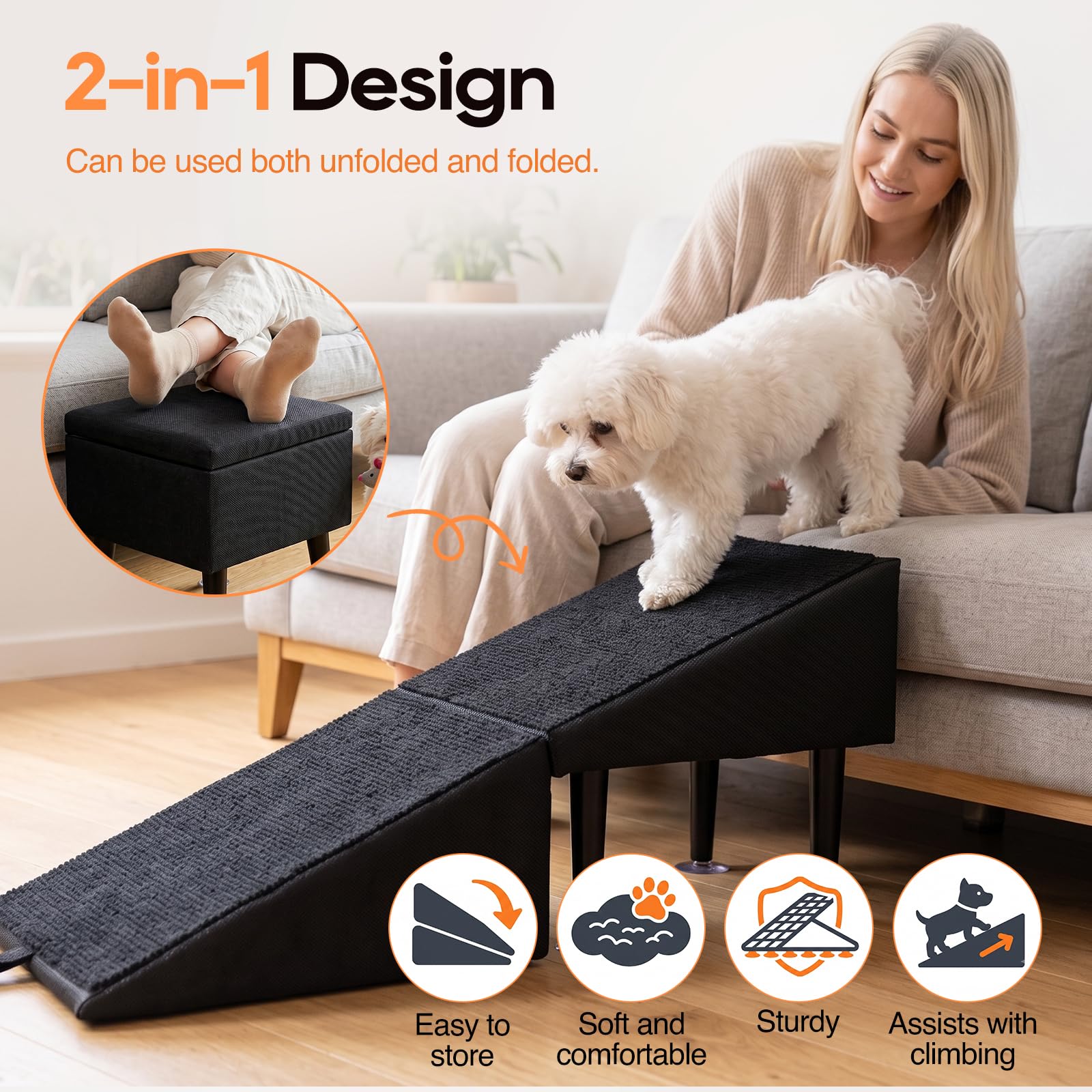 Hundetreppe Klappbar, 2-in-1 Hunderampe & Hocker für Bett und Sofa, 36x36x28cm, mit Saugnapfhalterung, Rutschfeste Rampe Hund für Kleine Ältere Hunde Katzen