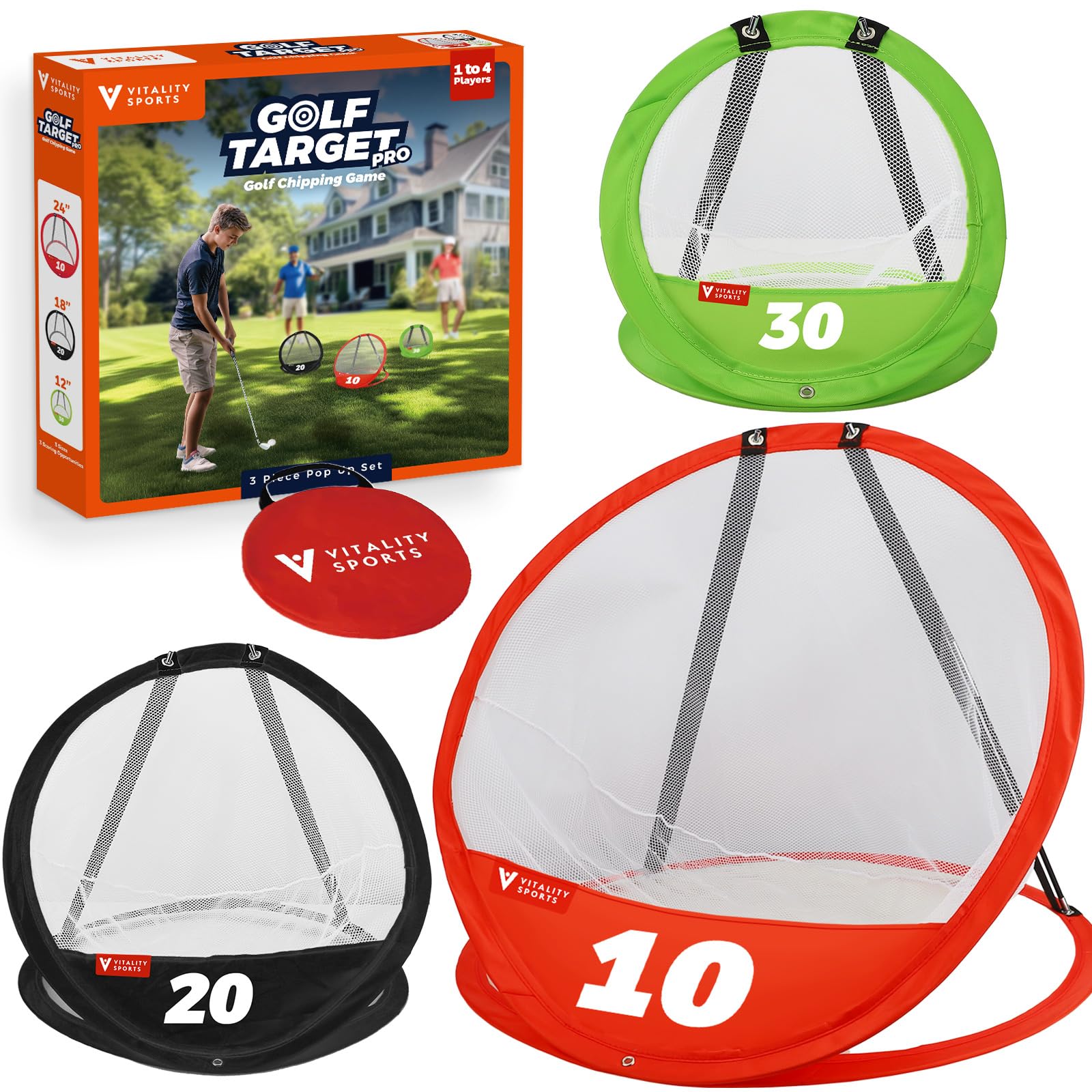 Vitality Sports Golf Chipping Net, 3PCS Pop-Up Golf Practice Net for Backyard, Indoor Outdoor Chipping Game with 3 Targets, 1 Hitting Mat, 20 Balls, Tee Box