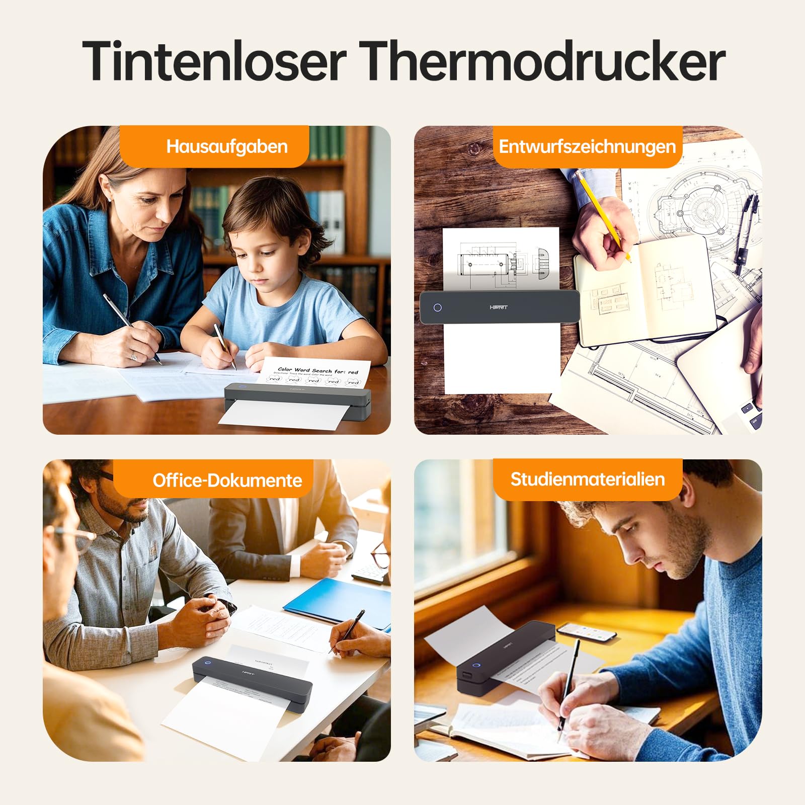 HPRT tragbarer Drucker drahtlos für Reisen, Bluethooth Tintenloser Thermodrucker Unterstützung für A4-Papier, kompatibel mit iOS, Android, Laptop für Büro und Zuhause