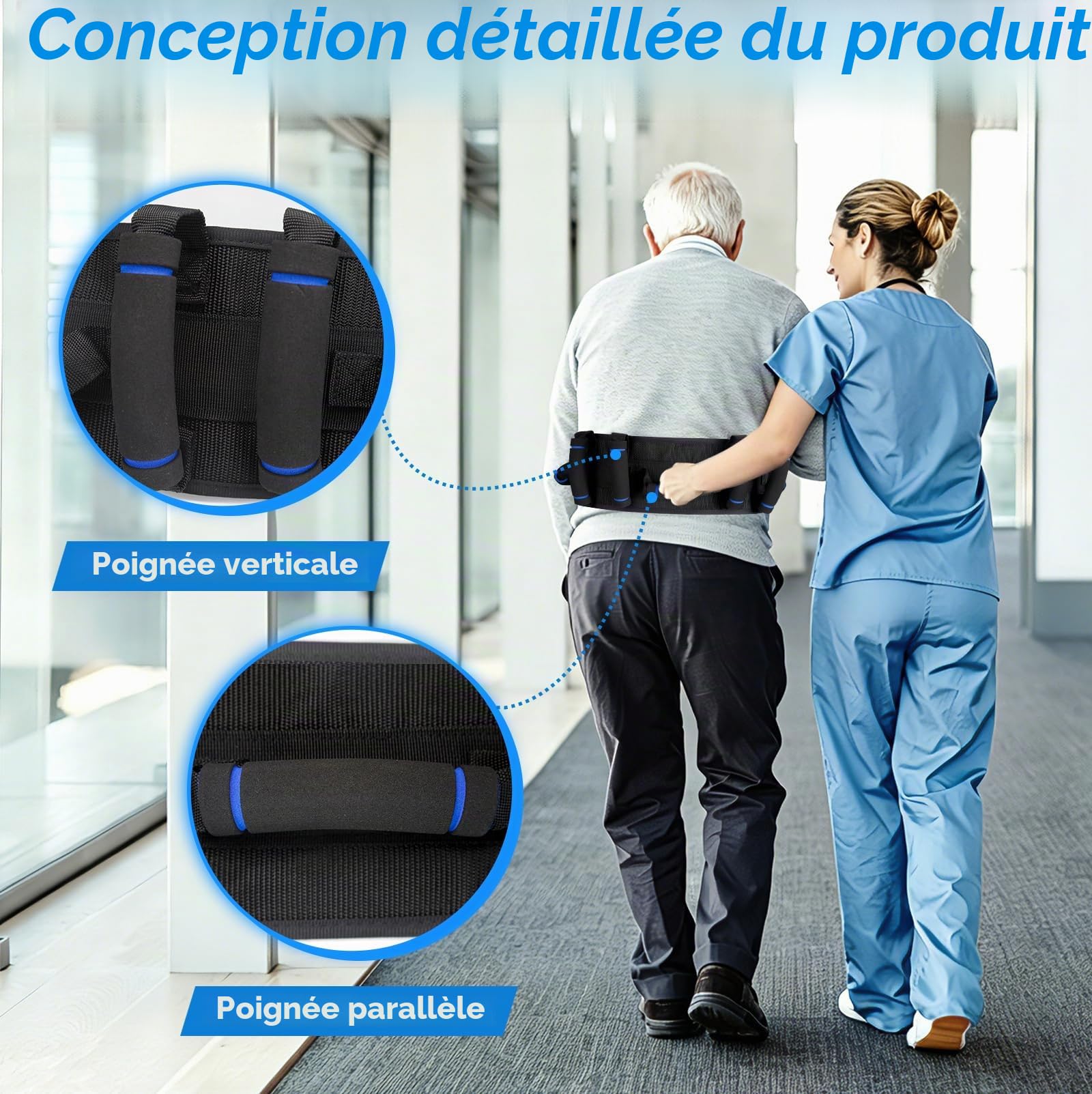 Ceinture de gait avec poignées, ceinture de transfert pour personnes âgées, ceintures de guise pour patients, ceintures de guêtre pour personnes âgées, poignées en caoutchouc