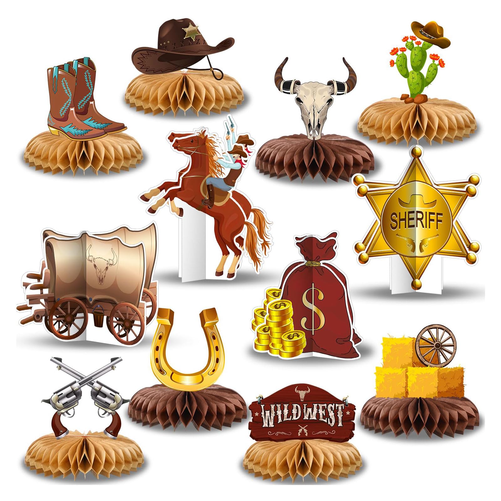 Bubaxuce 12 Pieces Western Cowboy Party Decorations Honeycomb Centers - Double-Sided 3D Table Adornments for Wild West Theme, First Rodeo Birthday, Nashville