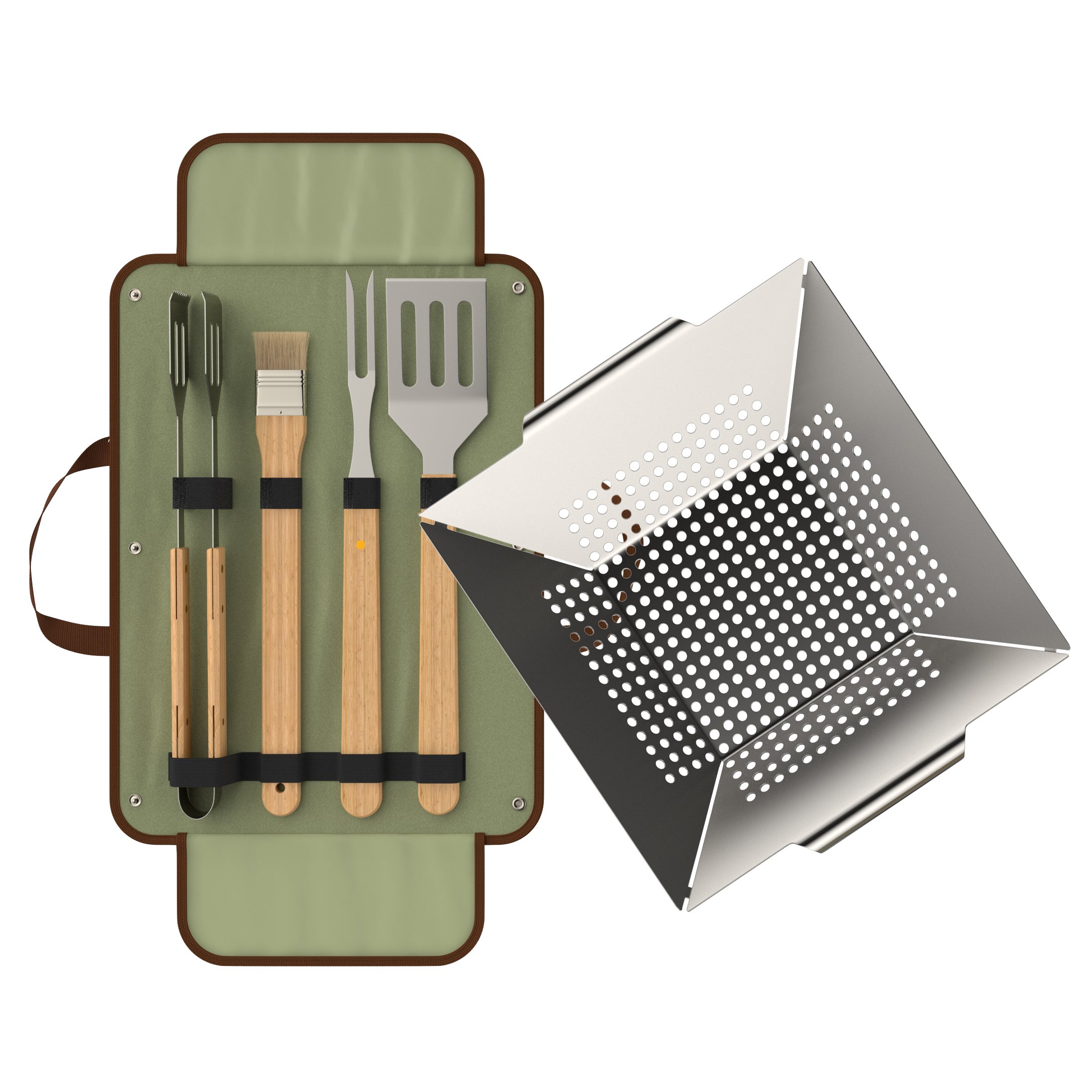 bonVIVO Ensemble Barbecue 5 Pièces, Accessoires BBQ INOX Longs Manches en Bois
