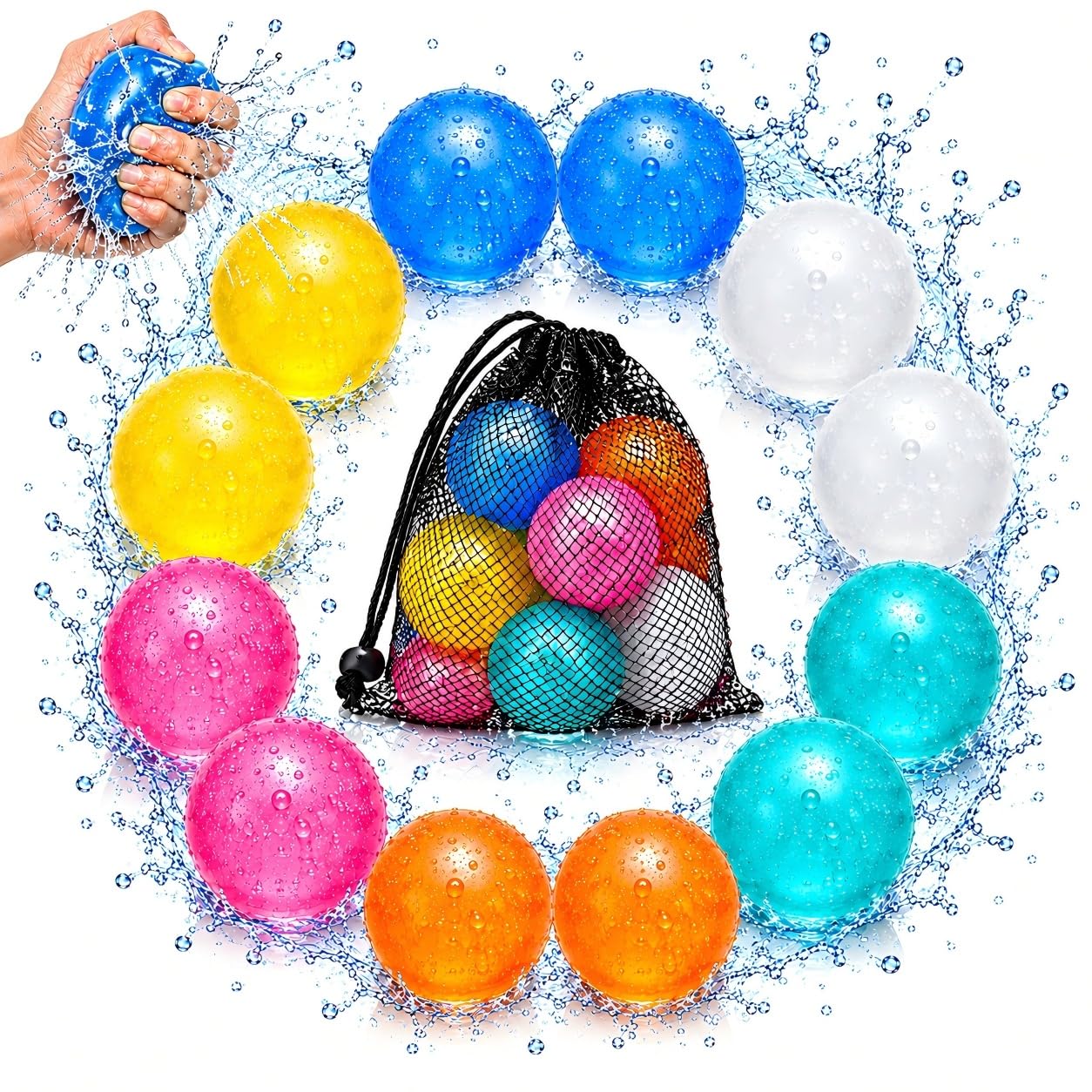 12 bombas de agua reutilizables con 1 bolsa de malla, bombas de agua reutilizables Kizozo fáciles y rápidas de rellenar, juguetes de agua, juguetes de playa, regalo de verano para niños