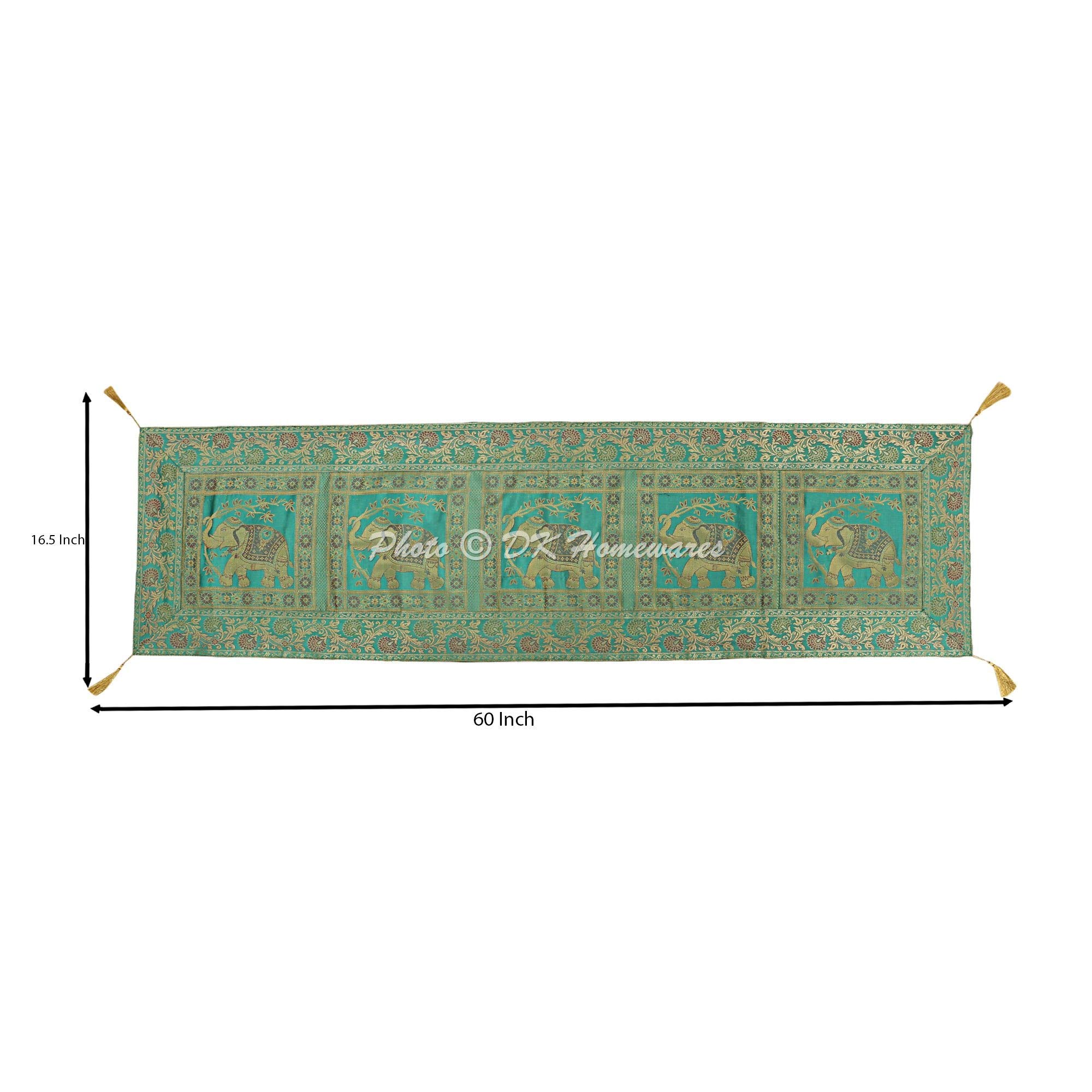 DK Homewares Tradizionale Casa Arredamento 60 X 16 Tovaglia Broccato Jacquard Nappa Lavoro Elefante Pavone 5 Ft Runner da Tavolo (150 X 40 Cm ; Verde Scuro E Oro