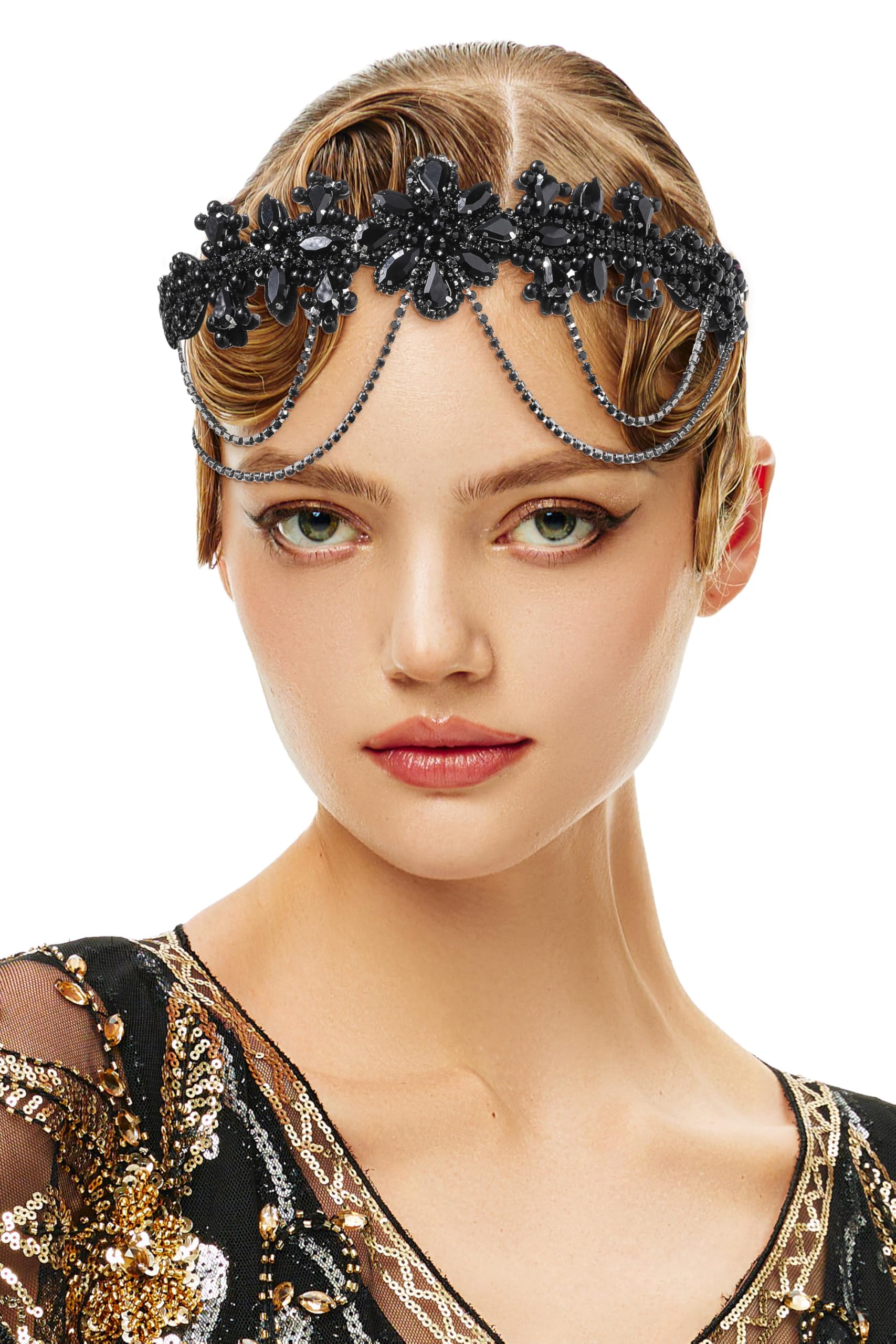Fascia Per Capelli Anni '20 Art Déco Con Foglie E Strass - Oro, Regolabile - Accessori Gatsby - 2