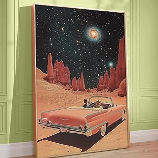 Vintage Car in Space Poster Surreal Canvas Wall Art Vintage Space Prints Retro Universe Space Art Print Futuristic Saturn Wall Art Universe Sci-Fi Canvas Painting Space Art Print 16x24inch No Frame