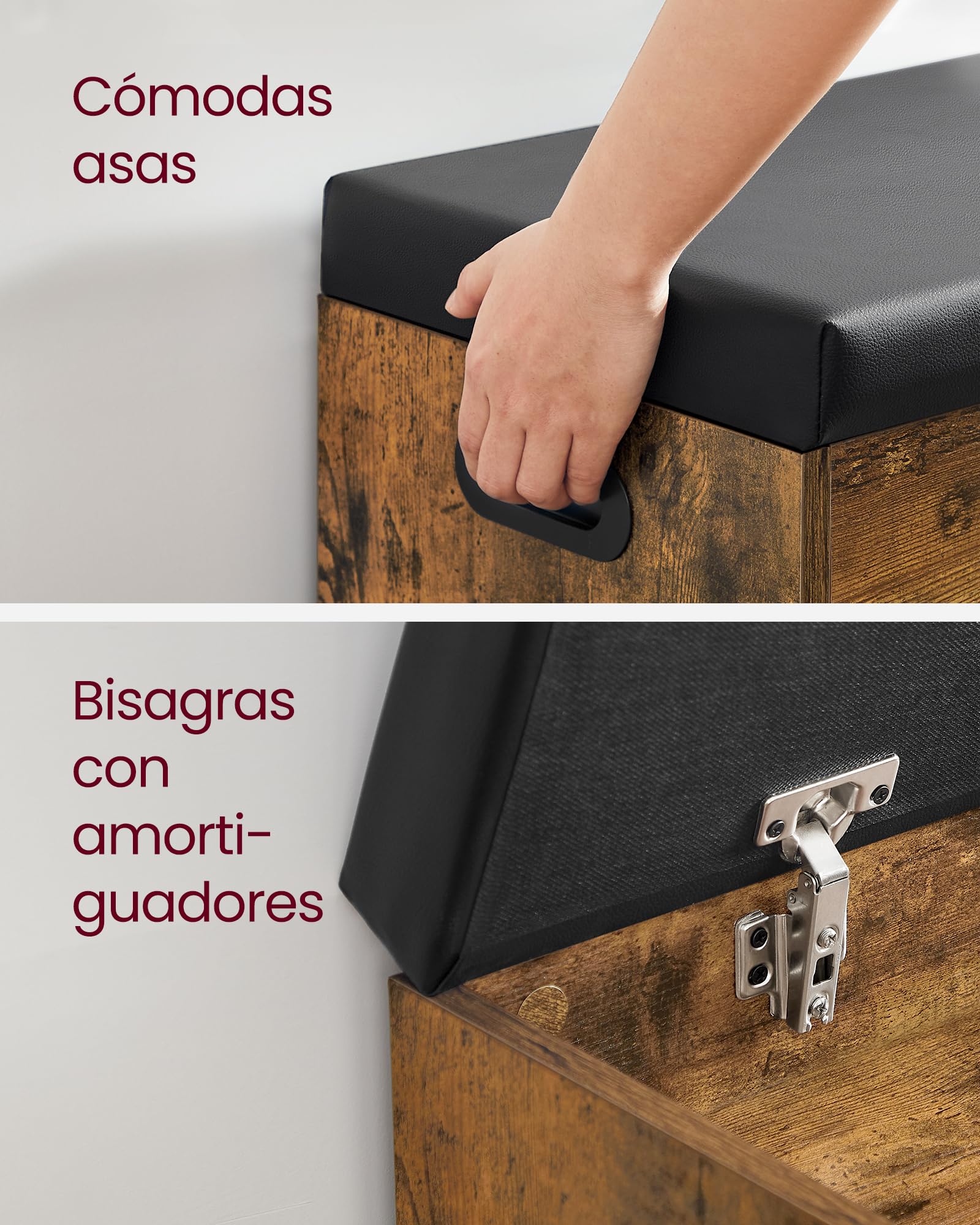 VASAGLE Banco Zapatero con Cojín, Banco de Almacenamiento, 3 Compartimentos, Almacenamiento Oculto, Estantes, Sala de Estar, Pasillo, Dormitorio, Carga 136 kg, Marrón Rústico LHS30BX
