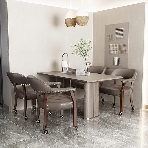 Miniatura 59 de Juego de 4 sillas de cuero de comedor con ruedas y brazos, silla de capitán Accent con ruedas, sillas de madera con ruedas enrollables para cocina y