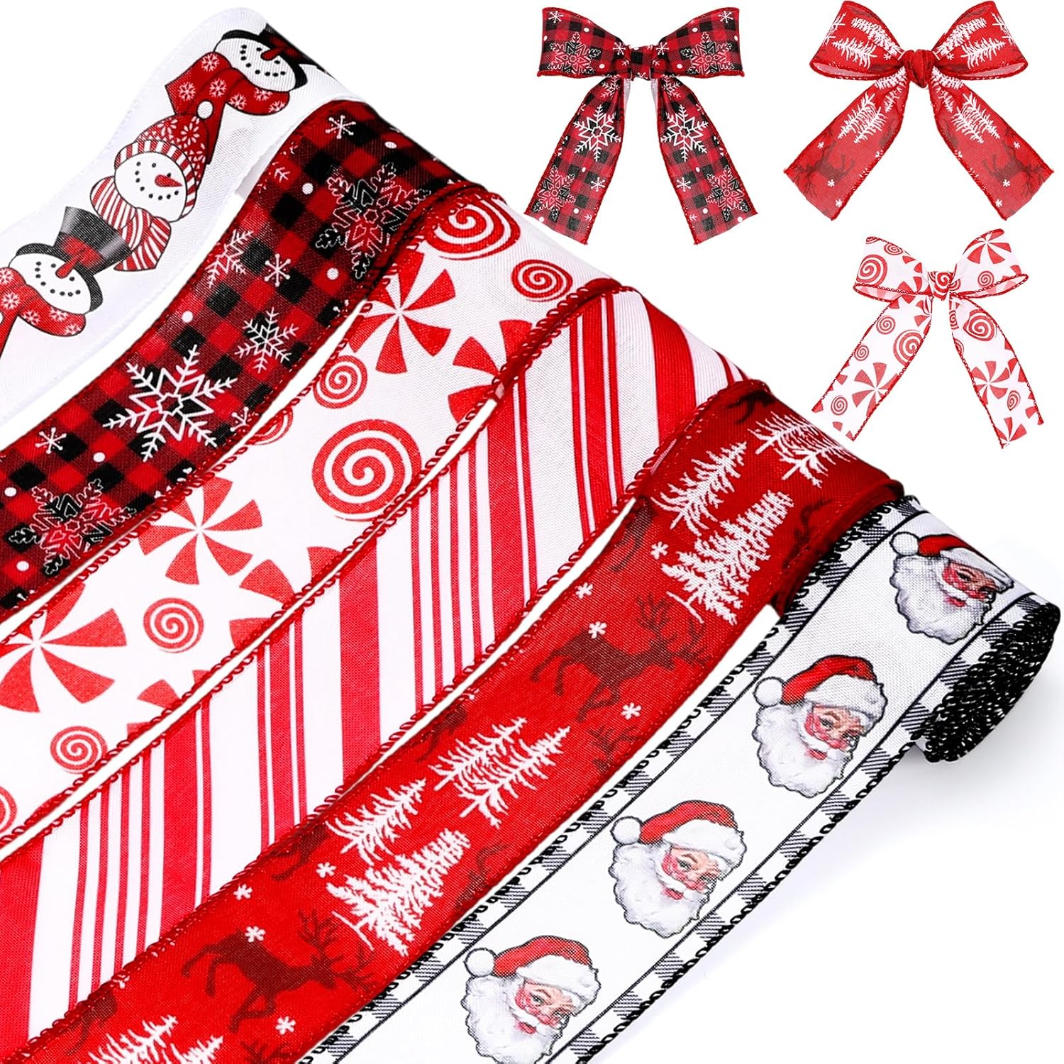tigeen 6 rolls 30 yards christmas wired edge ribbons santa snowman elk plaid burlap red white snowflake ribbons for christmas holiday decorations gift wrapping wreath bows diy crafts making, 2 inch