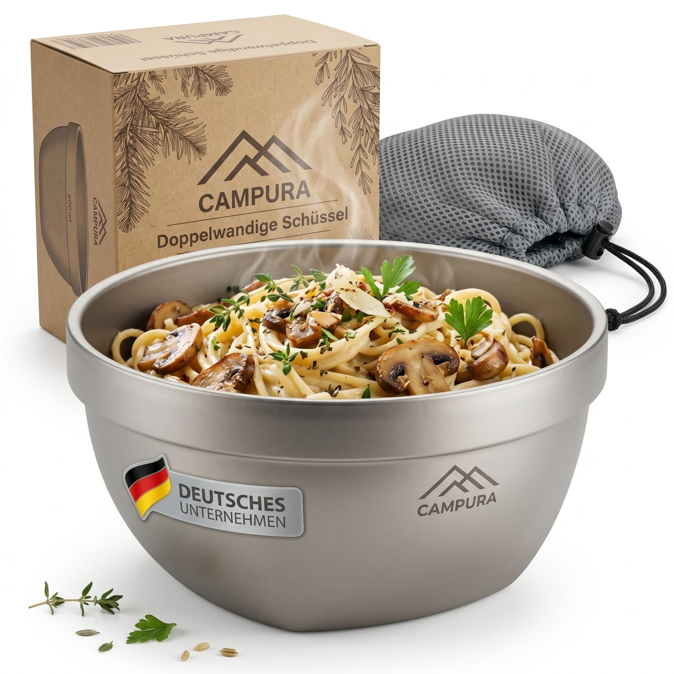 Titanschüssel 800 ml doppelwandig mit Transportbeutel, leichte Camping Schüssel aus Titan für Outdoor, Trekking, Bushcraft, Reise, Suppe, Reis und Müsli